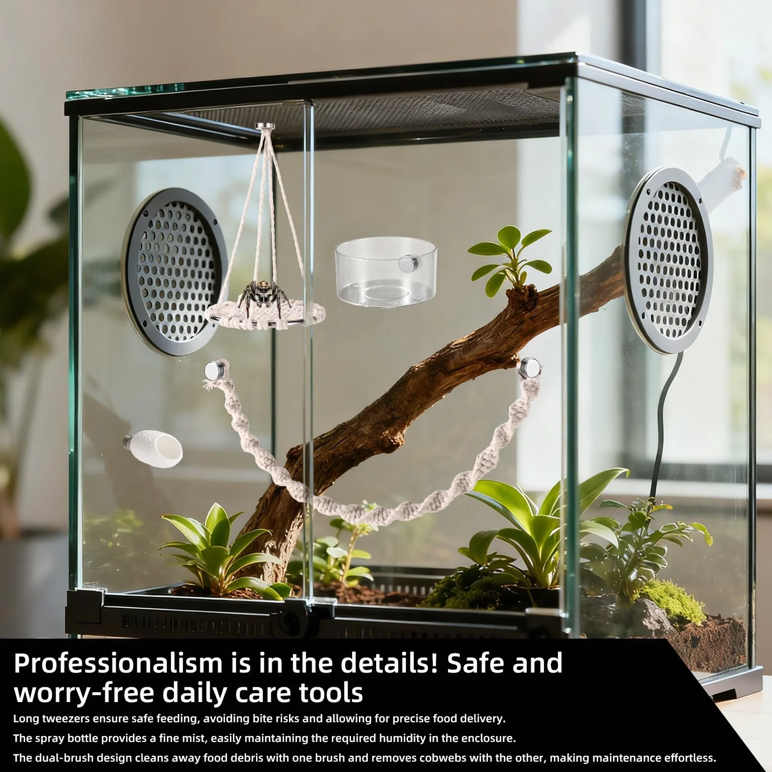 18stk Springspinne Zubehör für Terrarium Set, Bestehend aus Baumwollseilschaukel Plattformschaukel mit Nest Wasserschale Pinzette Sprühflasche Bürste und Magneten für Springspinnen Terrarium