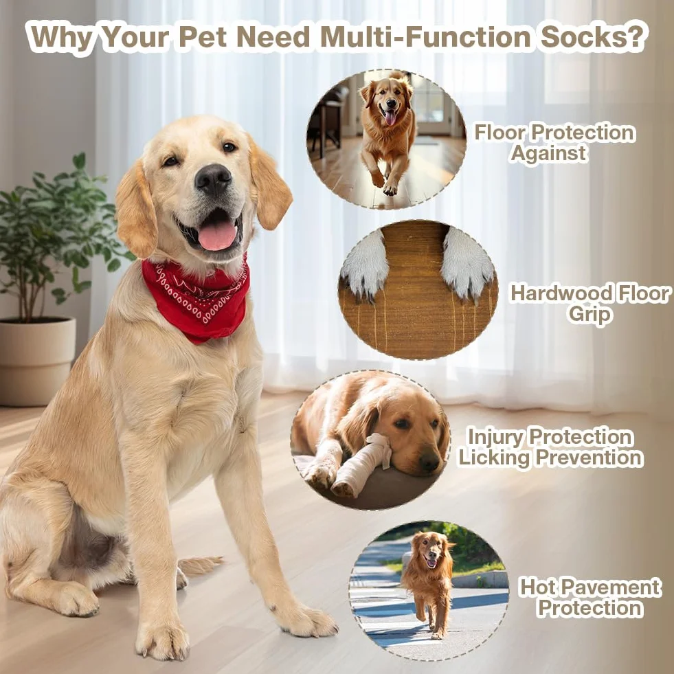 Hundesocken Anti Rutsch, 2 Paar Anti-Rutsch Socken für Hunde, mit Verstellbaren Riemen Haustierpfoten Schutz, Hundesocken für Hunde Pfotenschutz im Innenbereich im Freien, M