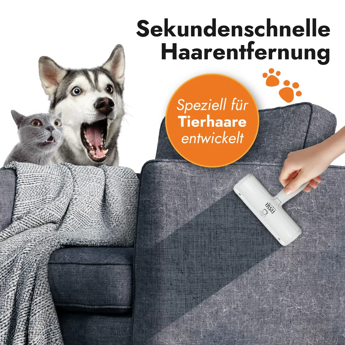 FusselMonster Tierhaarentferner Fusselrolle mit Sammelkammer – Wiederverwendbarer manueller Hunde- & Katzenhaarentferner für Sofa, Teppich & Autositze (weiß)