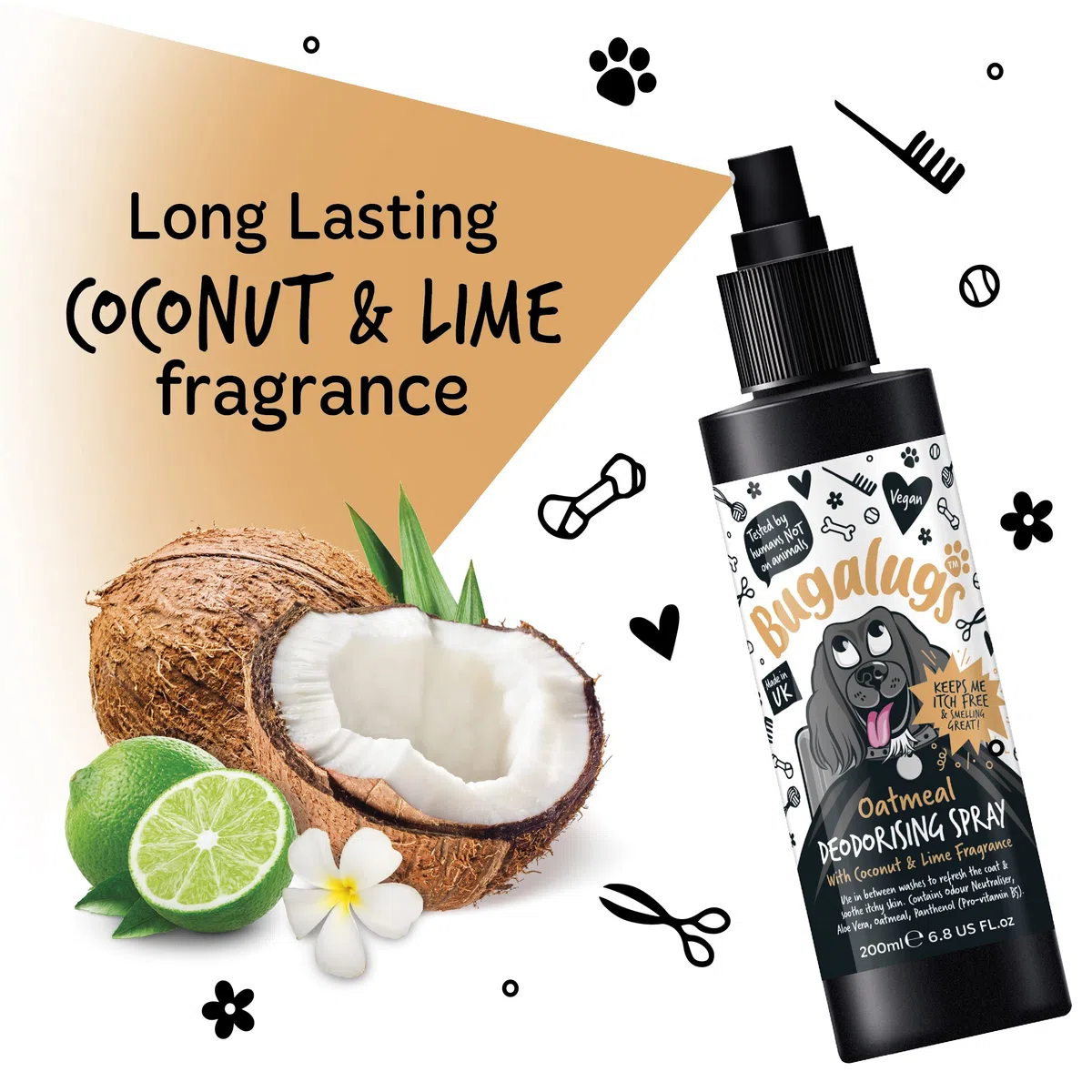 Bugalugs Deodorant für Hunde, 200 ml, Haferflocken und Aloe Vera, neutralisiert Gerüche und beruhigt die Haut, ohne Alkohol und Parabene, ideal für den täglichen Gebrauch oder zwischen Bädern mit