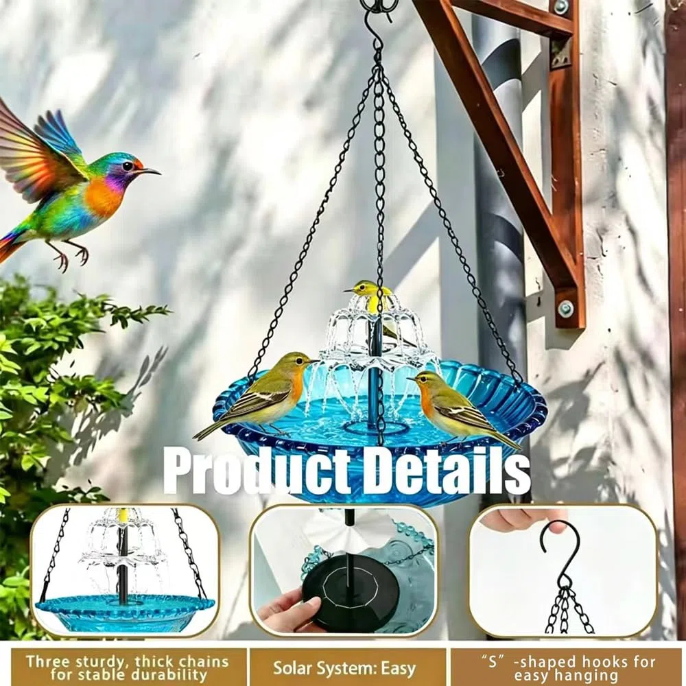 Vogeltränke Hängend mit Solarbrunnen, Wassertränke für Vögel mit Springbrunnen, 3 Stufig Vogeltränke zum Aufhängen, Solar Springbrunnen Vogelbad mit Fließendem Wasser, für Garten Hof Terrasse, Außen