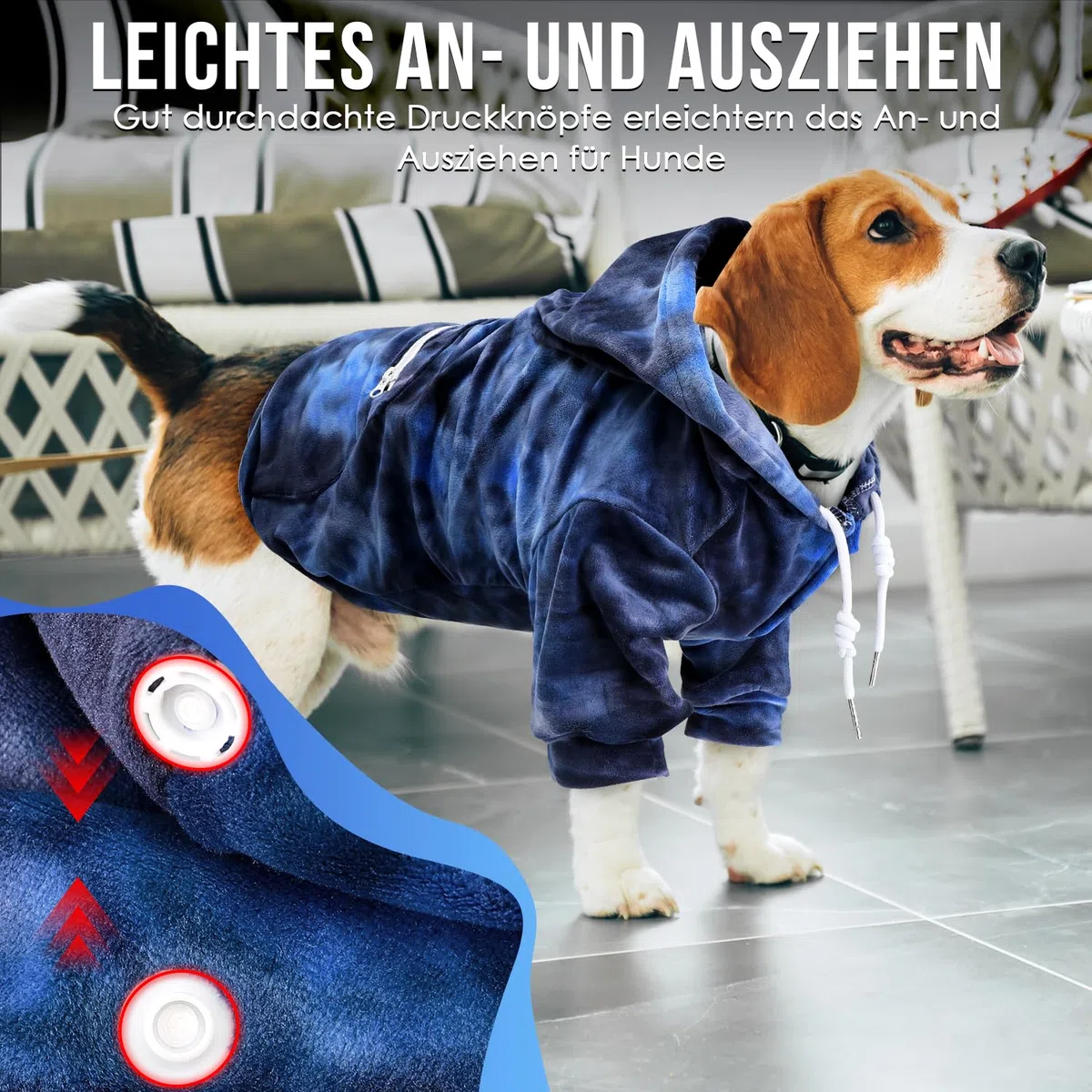 Eyein Hundehoodie für kleine mittlere und große Hunde, Warmer Flanell Hunde Kapuzenpulli mit Taschen und Leine Portal, Weiche Hundebekleidung für Frühling Herbst Winter (Blau-Grau Tie Dye, M)
