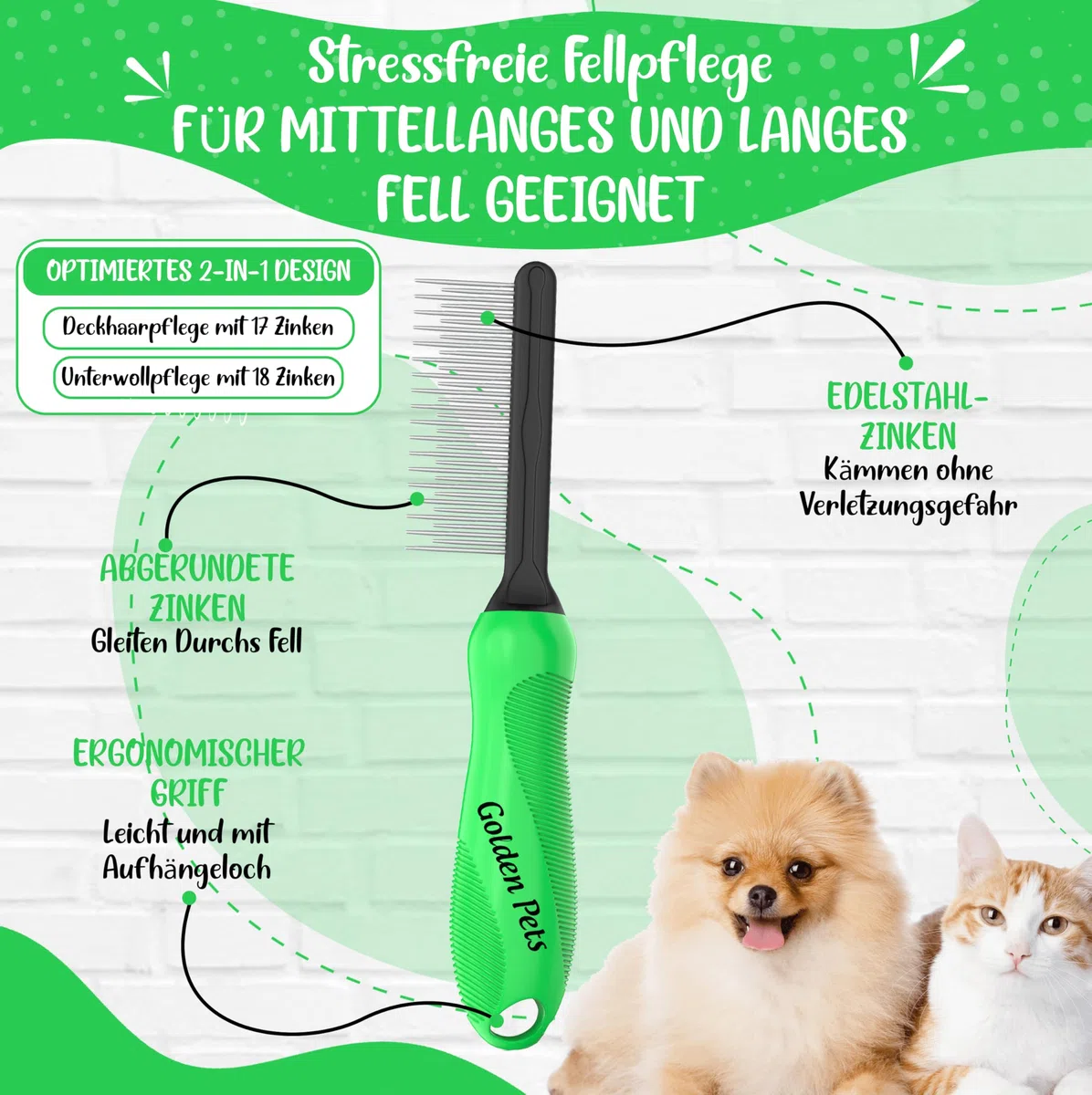 TESTURTEIL SEHR GUT Fell-Entwirrer Kamm I Hundebürste & Katzenbürste mittel bis langhaar geeignet I Kleine - große Tiere I Einfache Reinigung I + neues E-Book
