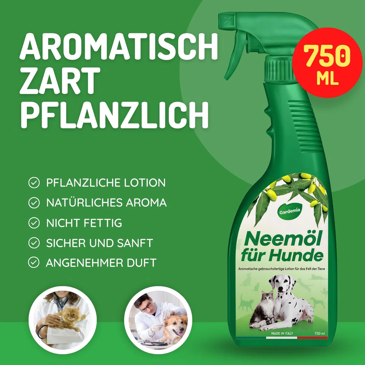 Gardemia Neemöl für Hunde und Katzen Spray 750ml | Natürliche Fellpflege mit den bekannten Eigenschaften des Neemöls | Angenehmer Duft | Spaziergänge, Outdoor & Indoor | Grooming | Für Deutschland