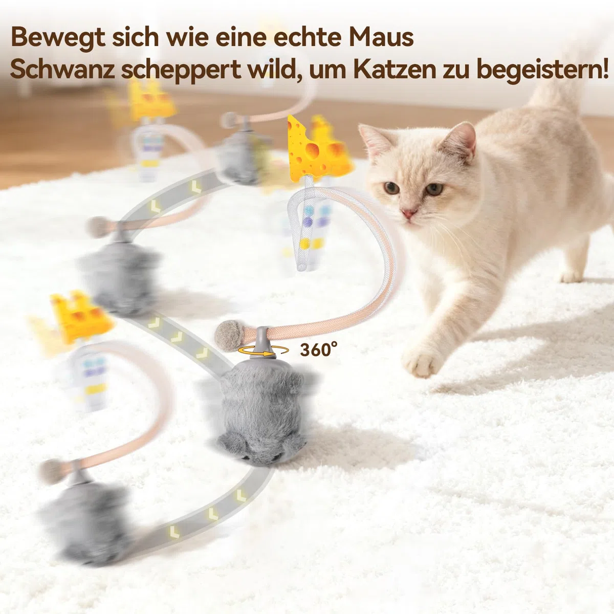Migipaws Interaktives Katzenspielzeug, elektrisch rollende Migimaus mit wackelndem Schwanz,Intelligenter Sensor, Quietschen, Katzenspielzeug selbstbeschäftigung mit Katzenminze,wiederaufladbar