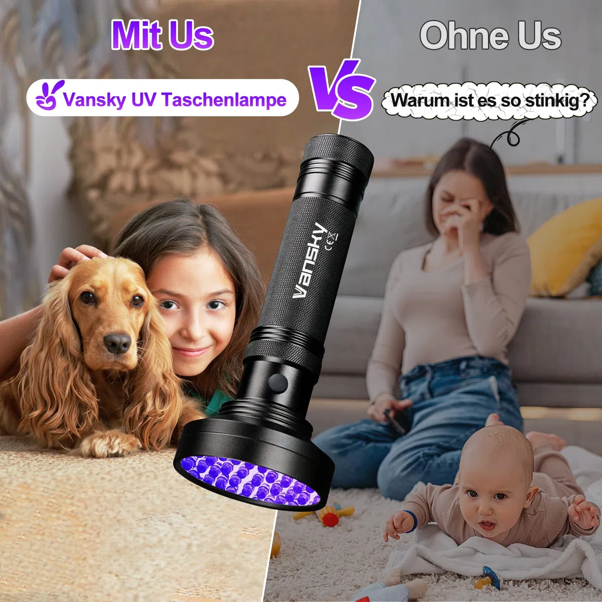 Vansky UV Lampe Schwarzlicht Taschenlampe 395nm: UV Licht mit 100 UV LED Haustiere Urin-Detektor Schwarzlichtlampe für Eingetrocknete Flecken Ihrer Hunde Katzen und Nagetiere auf Teppichen