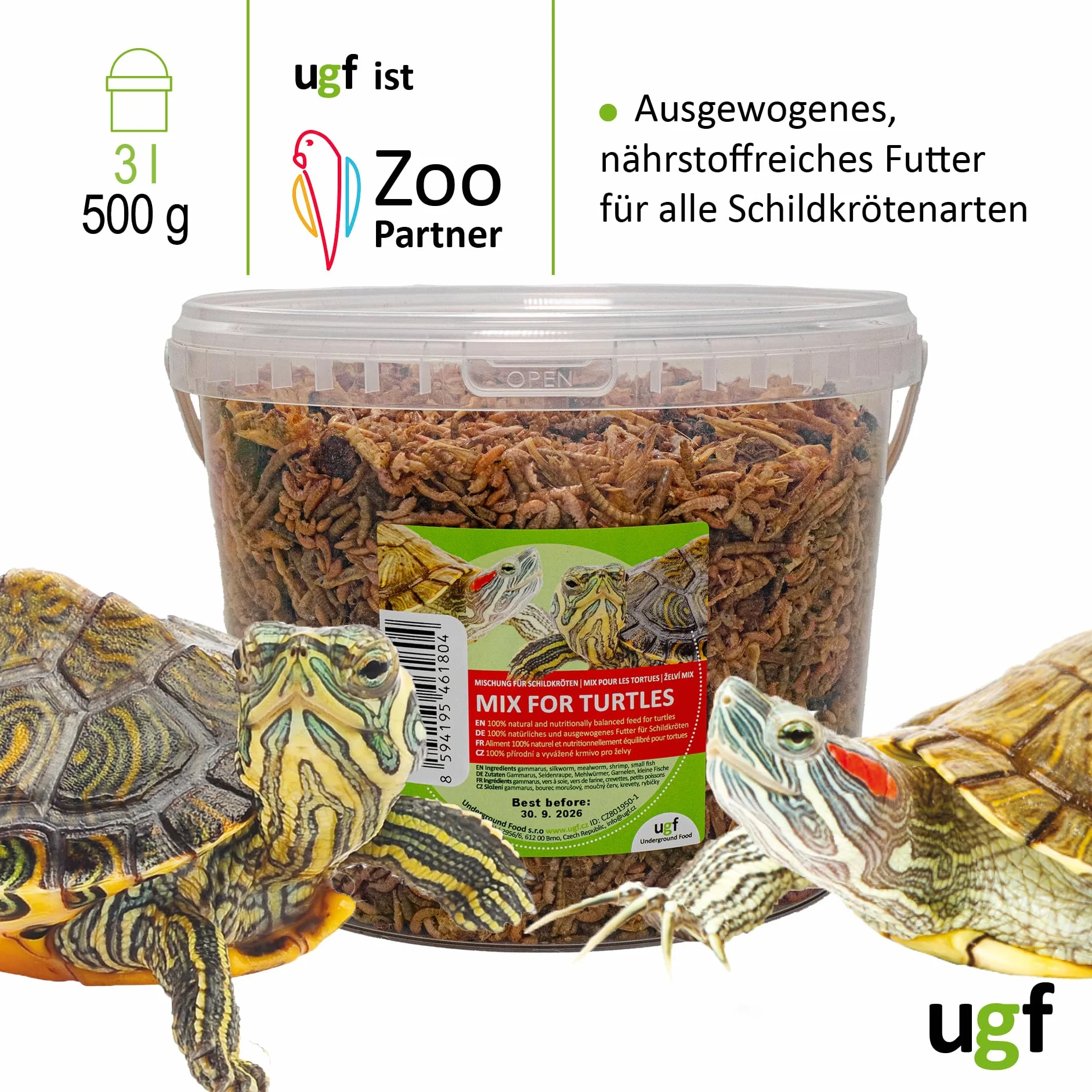 UGF - Universal Schildkröten Futter Mix - 500g im 3 Liter Eimer, Ausgewogenes Schildkrötenfutter, Gammarus, Seidenraupen, Mehlwürmer, Garnelen und getrockneter Fisch, Wasserschildkröten Futter