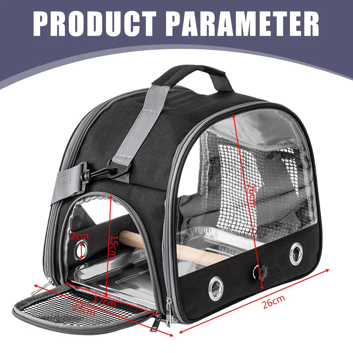 Vogel-Tragetasche mit Tablett und Stehstange, Vogel Transportbox, Atmungsaktiver Tragbarer Vogelkäfig für Wellensittich/Sittiche/Kleintiere, Bird Transport Box(Schwarz)
