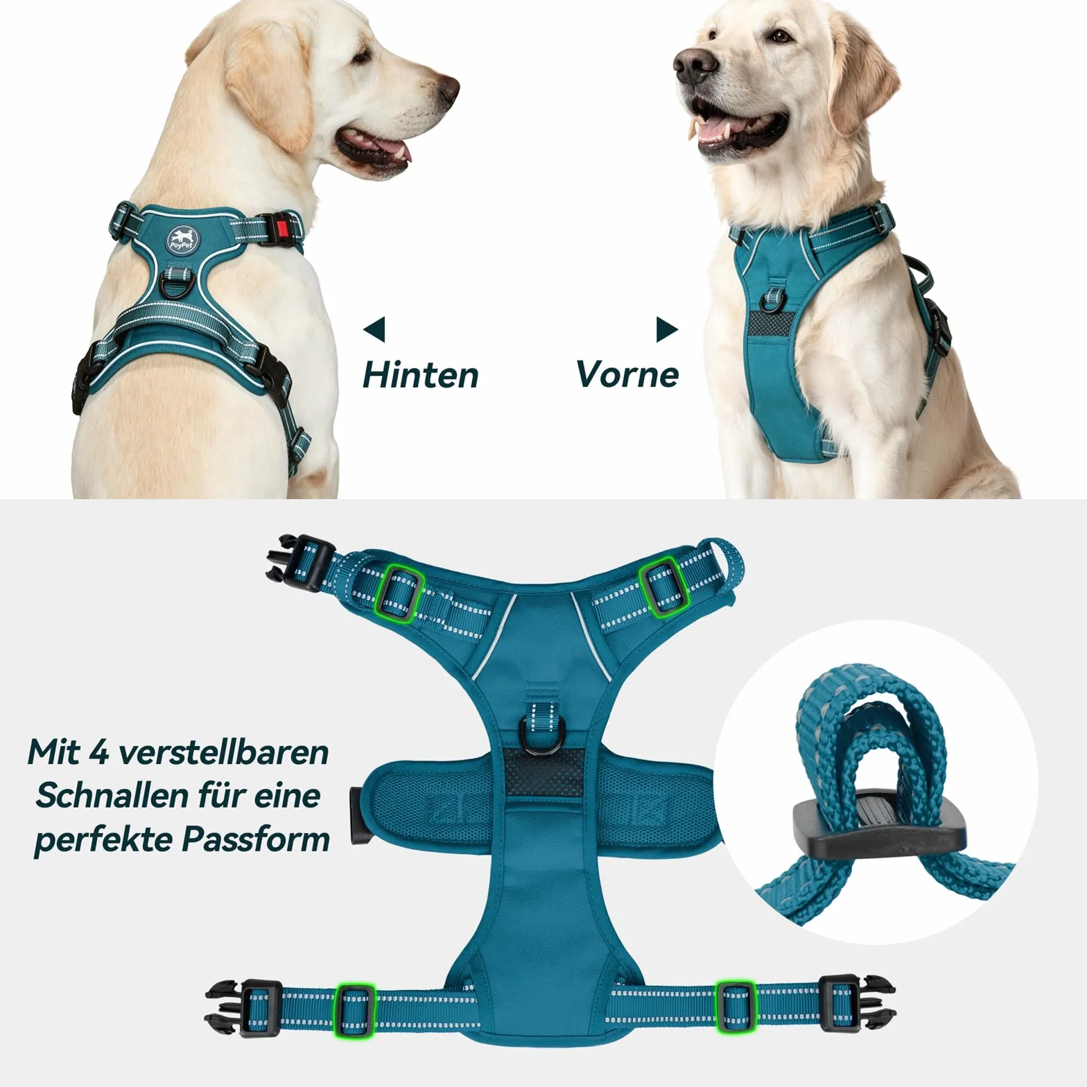 PoyPet Hundegeschirr ohne Zug, Reflektierendes Hundegeschirr für Hunde ohne Würgen, verstellbare, weich gepolsterte Haustierweste mit einfachem Steuergriff für mittelgroße Hunde (Tumalo Teal, M)