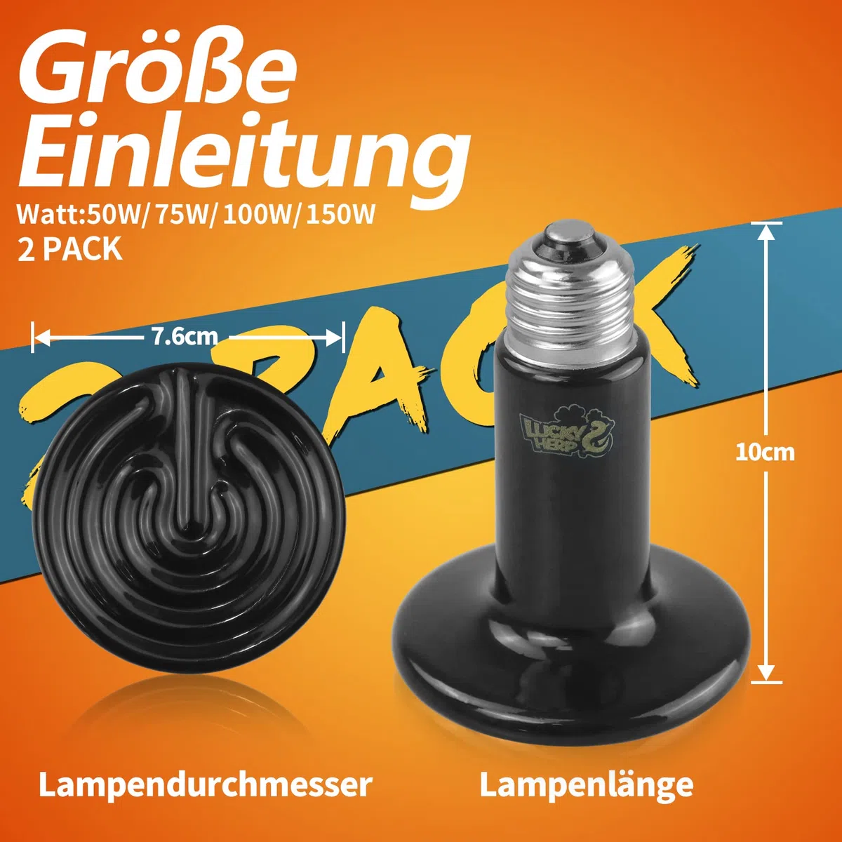 LUCKY HERP 2 Pack 50W Reptilien Keramik Wärmelampe, Schildkröten Terrarium Lampe E27, Terrarium Wärmelampe Tiere für Reptilien, Schildkröte, Bartagame, Huhn, Hund