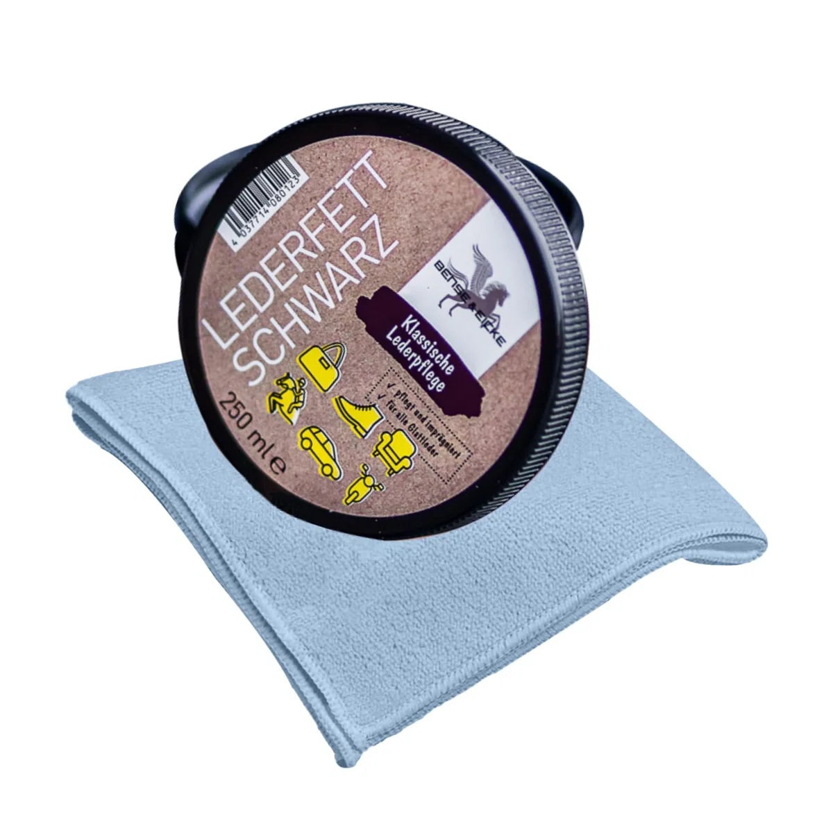 esnado - Bense & Eicke Lederfett Schwarz 250 ml + 1 Mikrofasertuch - pflegt und imrägniert - perfekte Lederpflege für Glattleder, Autositze, Motorradkleidung, Sättel