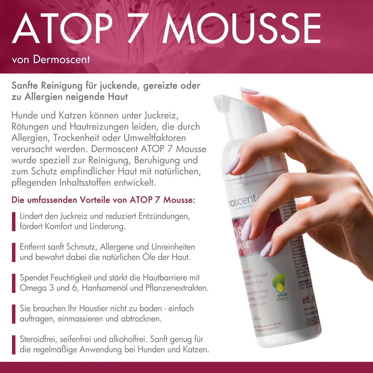 Trockenshampoo für Hunde und Katzen | Beruhigender Reinigungsschaum bei Juckreiz und Hautirritationen | Feuchtigkeitsspendende Pflege mit Omega 3 & 6 | ATOP 7 Mousse von Dermoscent