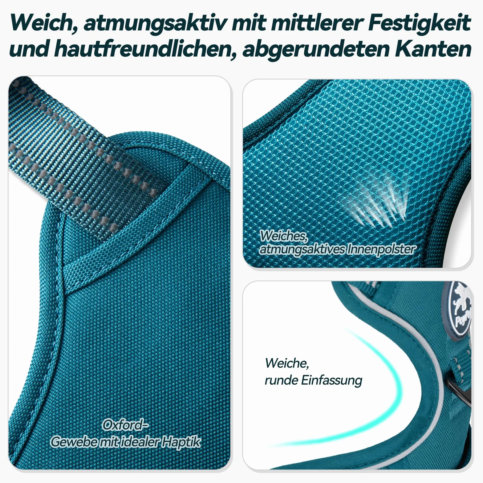 PoyPet Hundegeschirr ohne Zug, Reflektierendes Hundegeschirr für Hunde ohne Würgen, verstellbare, weich gepolsterte Haustierweste mit einfachem Steuergriff für mittelgroße Hunde (Tumalo Teal, M)