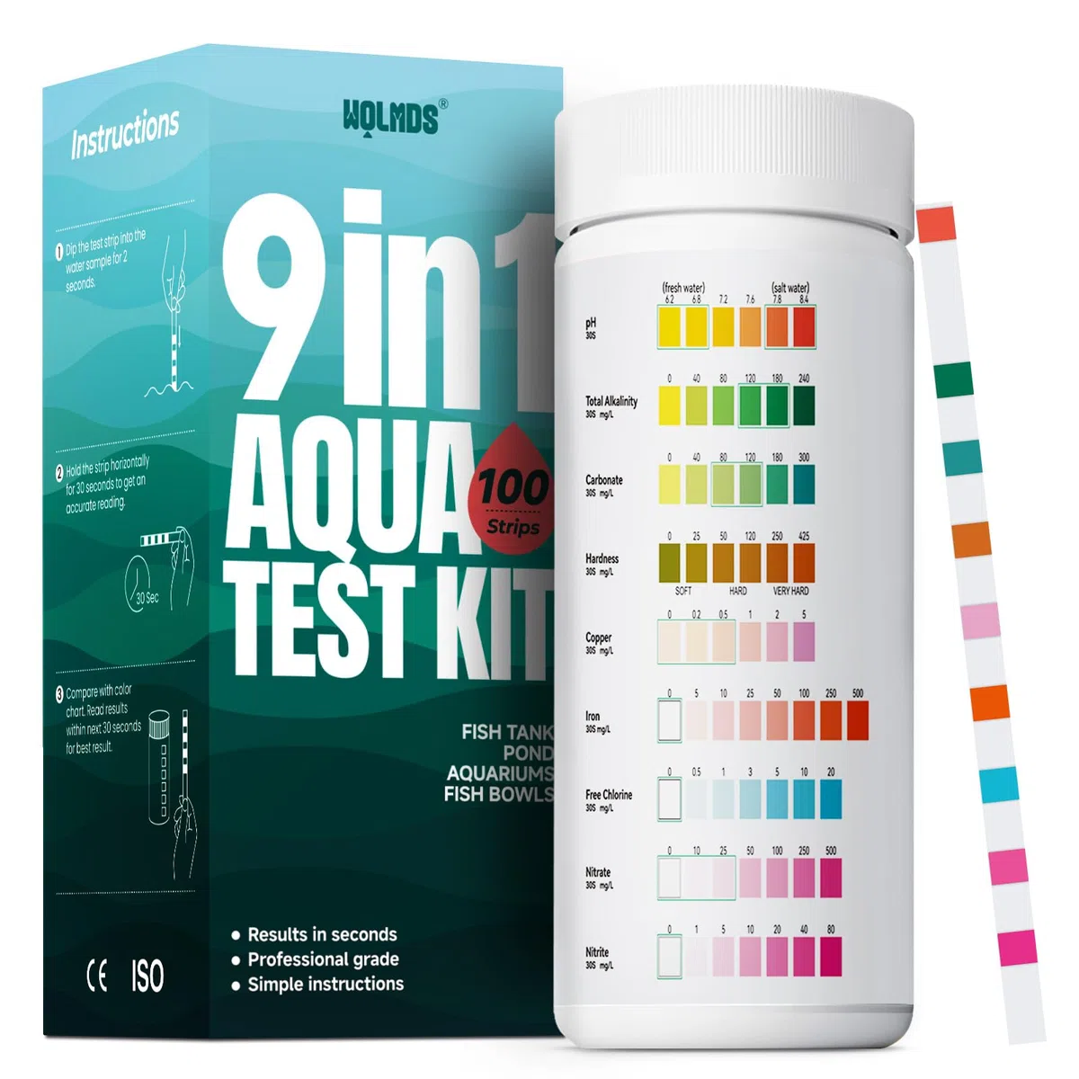 Aquarium Teststreifen - 9-in-1 Wassertestkoffer: Schnell & Präzise Wassertests für Süß- und Salzwasser, 100 Streifen zur Messung von Nitrit, Ammoniak, pH, Härte, für die Aquarium Pflege (100)