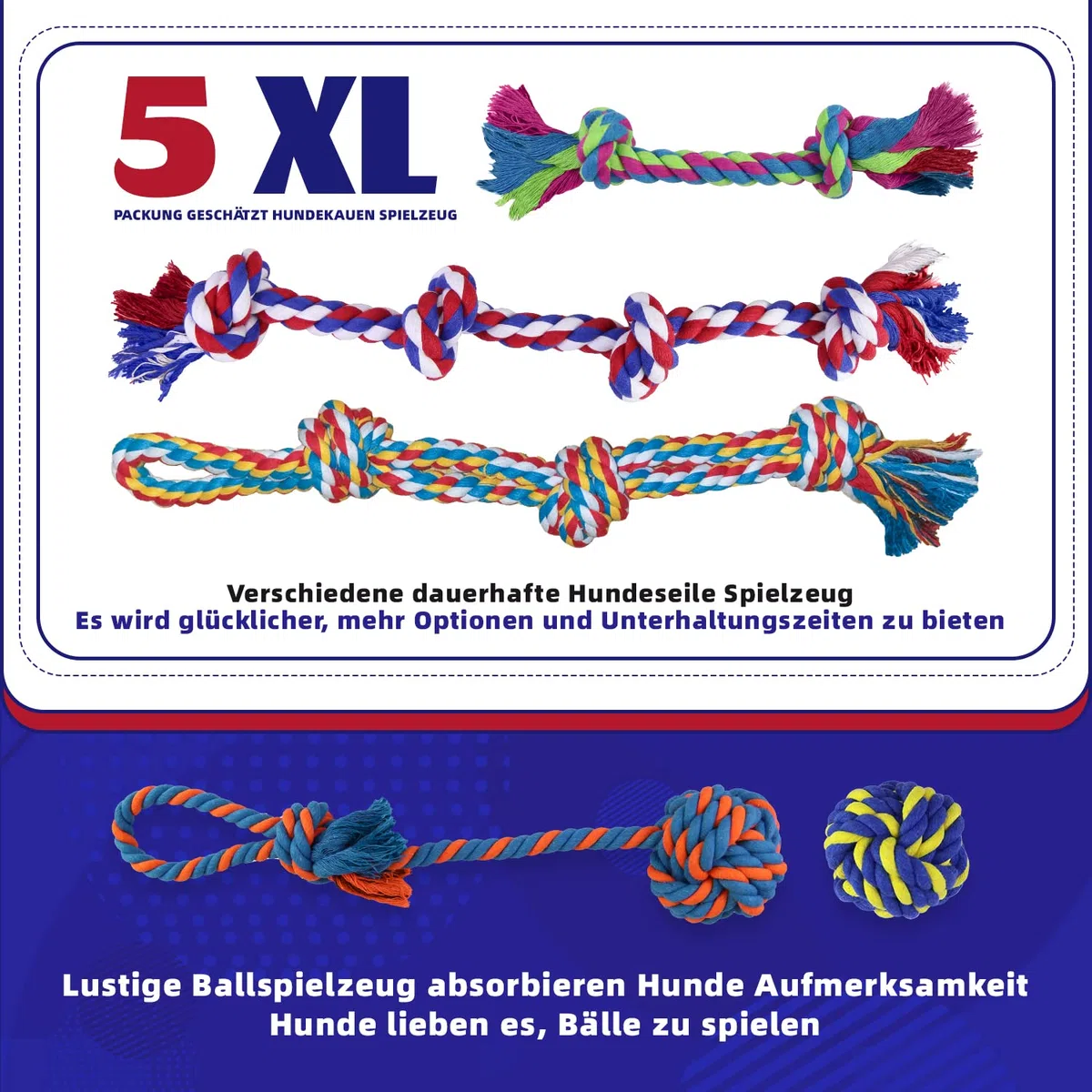 XL Hundespielzeug aus Seil (extrem langlebig und stark) für große und mittelgroße Hunde – extra großes Hundespielzeug für aggressive Kauer – Hundeball (5 Stück)