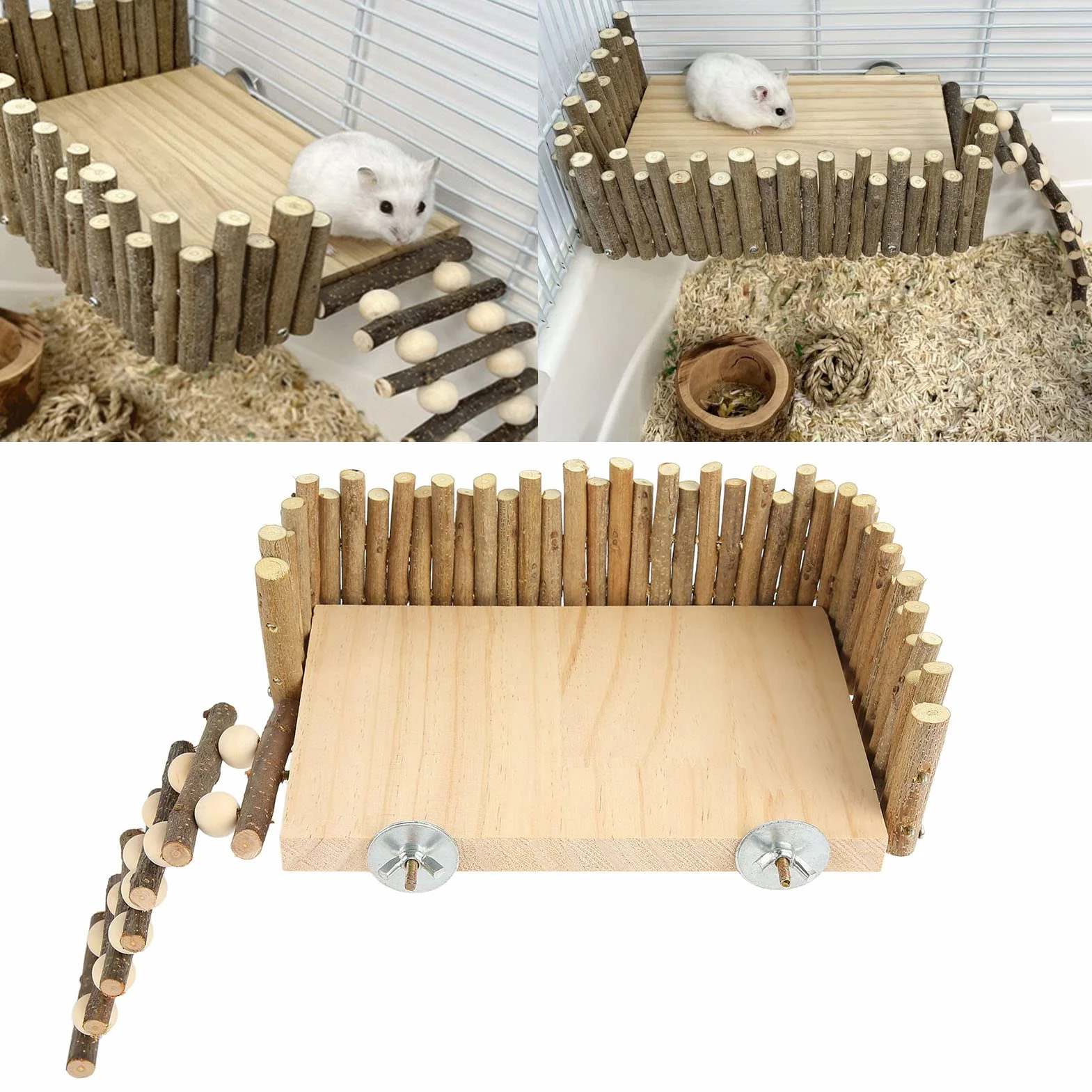 Hamsterplattform, Kletterzubehör Kleiner Haustierspielplatz, Hamster Klettergerüst aus Holz mit Zaun für Parror Rennmaus Eichhörnchen Ratte Hamster Goldbär Vogel (Schraubentyp)