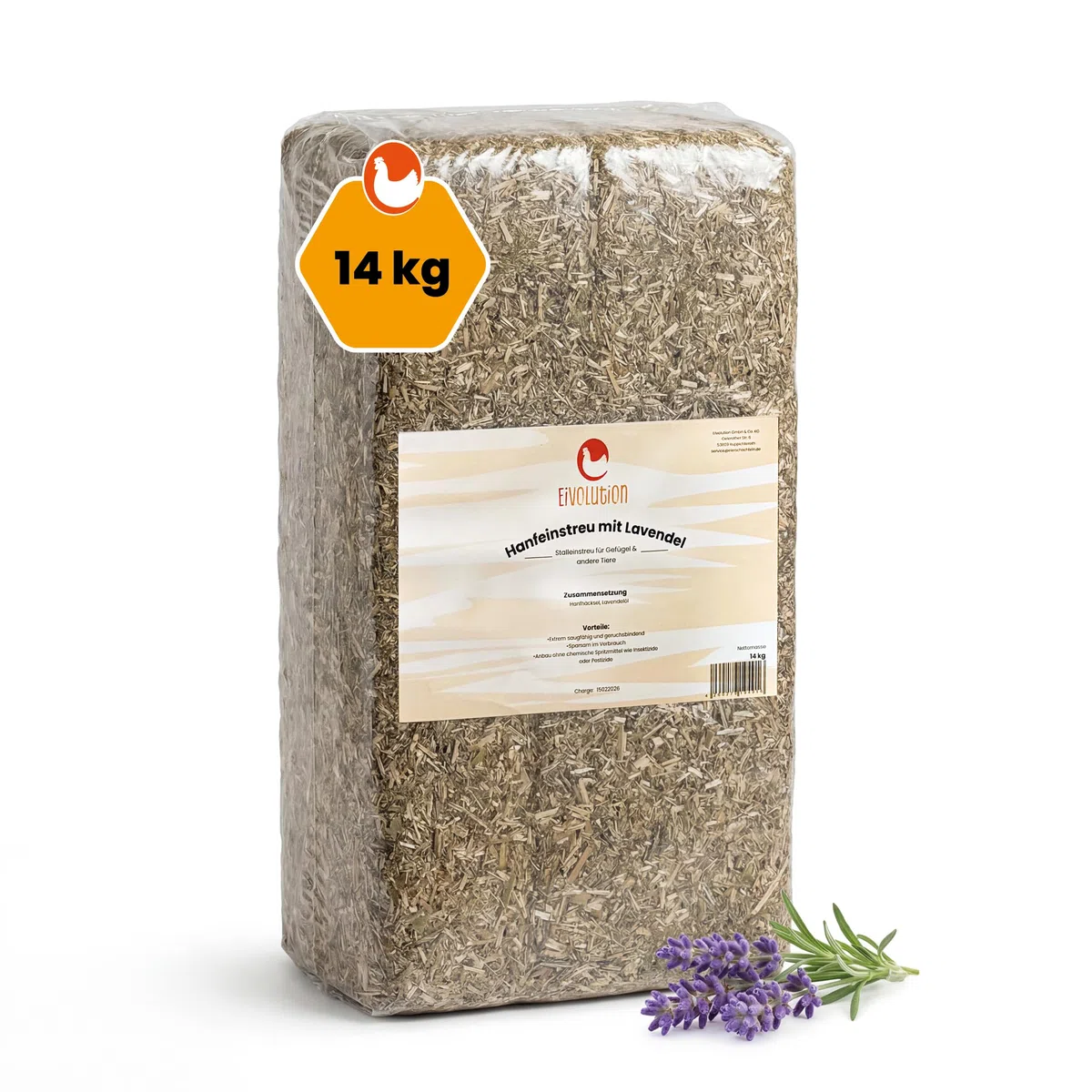 Hanfeinstreu mit Lavendel - 14 kg Ballen - staubarm, hohe Saugkraft, ca. 140 L Streuvolumen