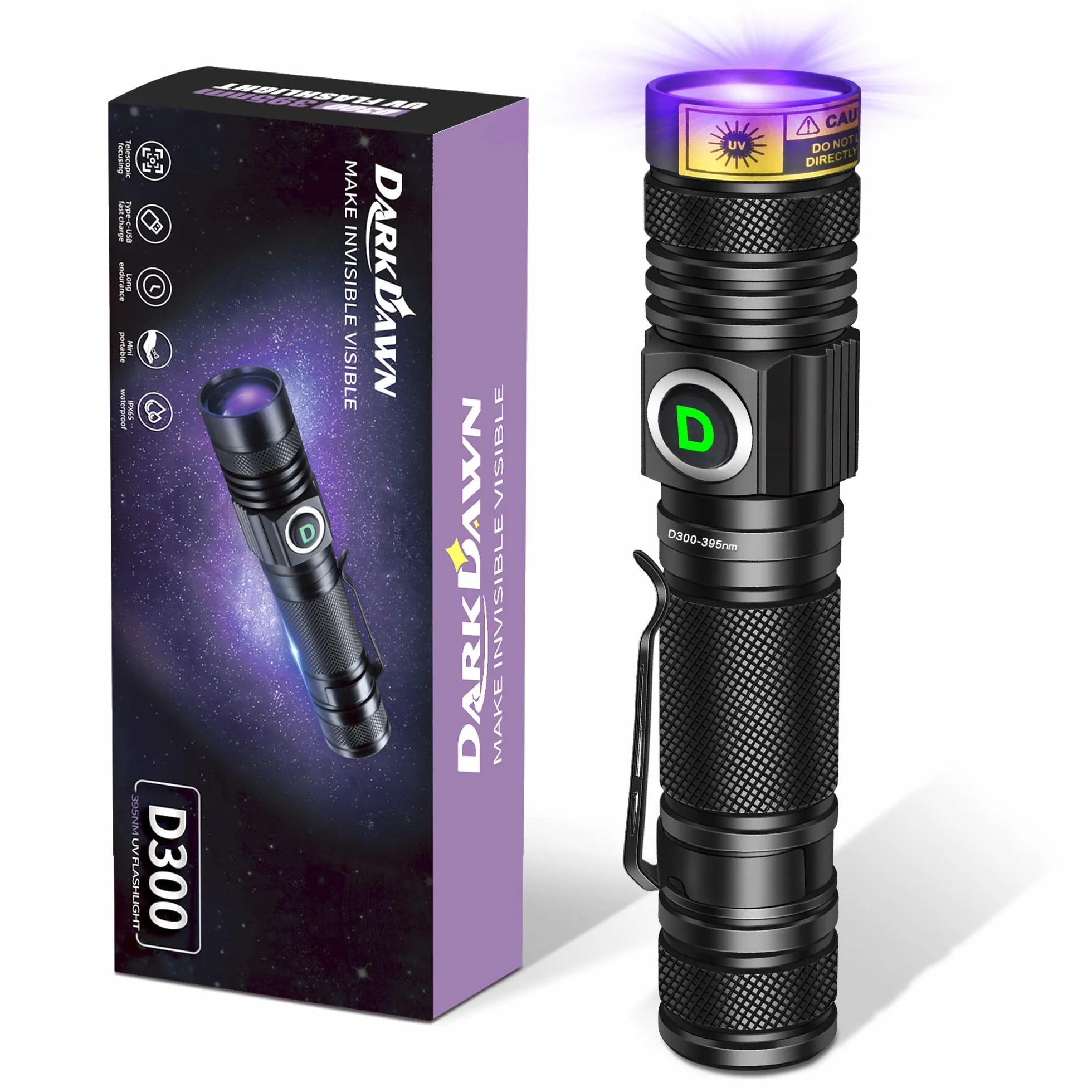 DARKDAWN UV Taschenlampe 395nm Licht USB Wiederaufladbare, Ultraviolett-LED-Schwarzlicht Woodsche Lampe Tragbare, Mini-Detektor für Haustier Urin Flecken, Edelstein, Harz Aushärtung, Fluoreszenz