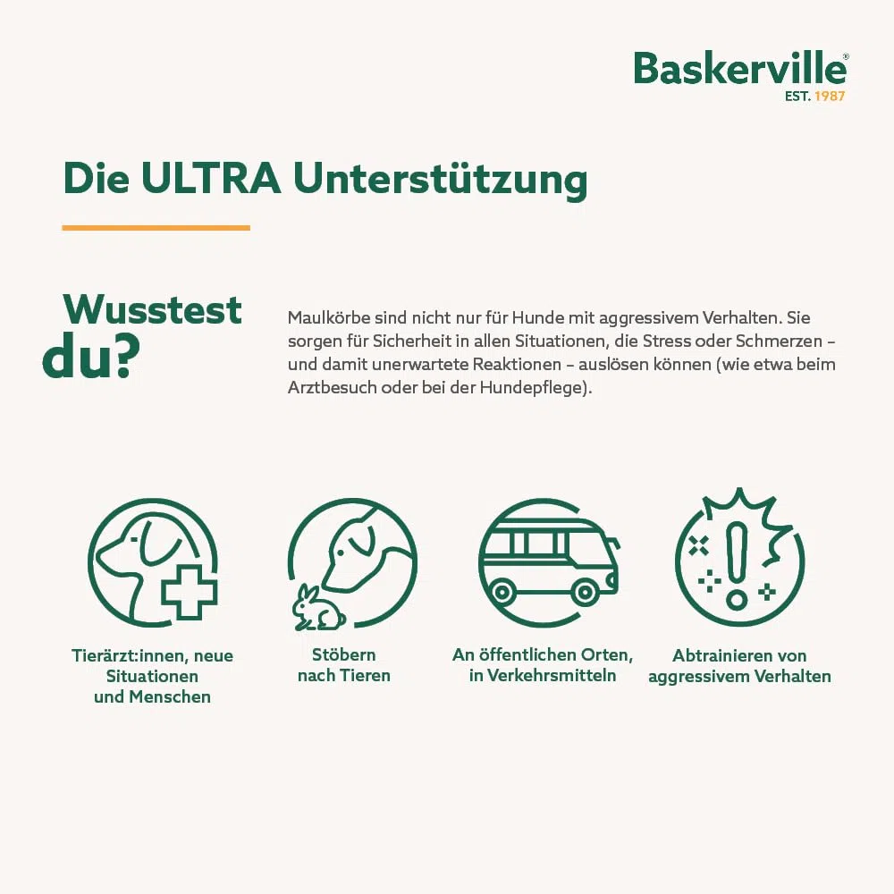 Baskerville ULTRA Maulkorb - Patentierter Maulkorb für Hunde, Hunde können hecheln, fressen und trinken, Verhindert das Beißen und Stöbern nach Wildtieren, Ideal für große Hunderassen (Größe 5)