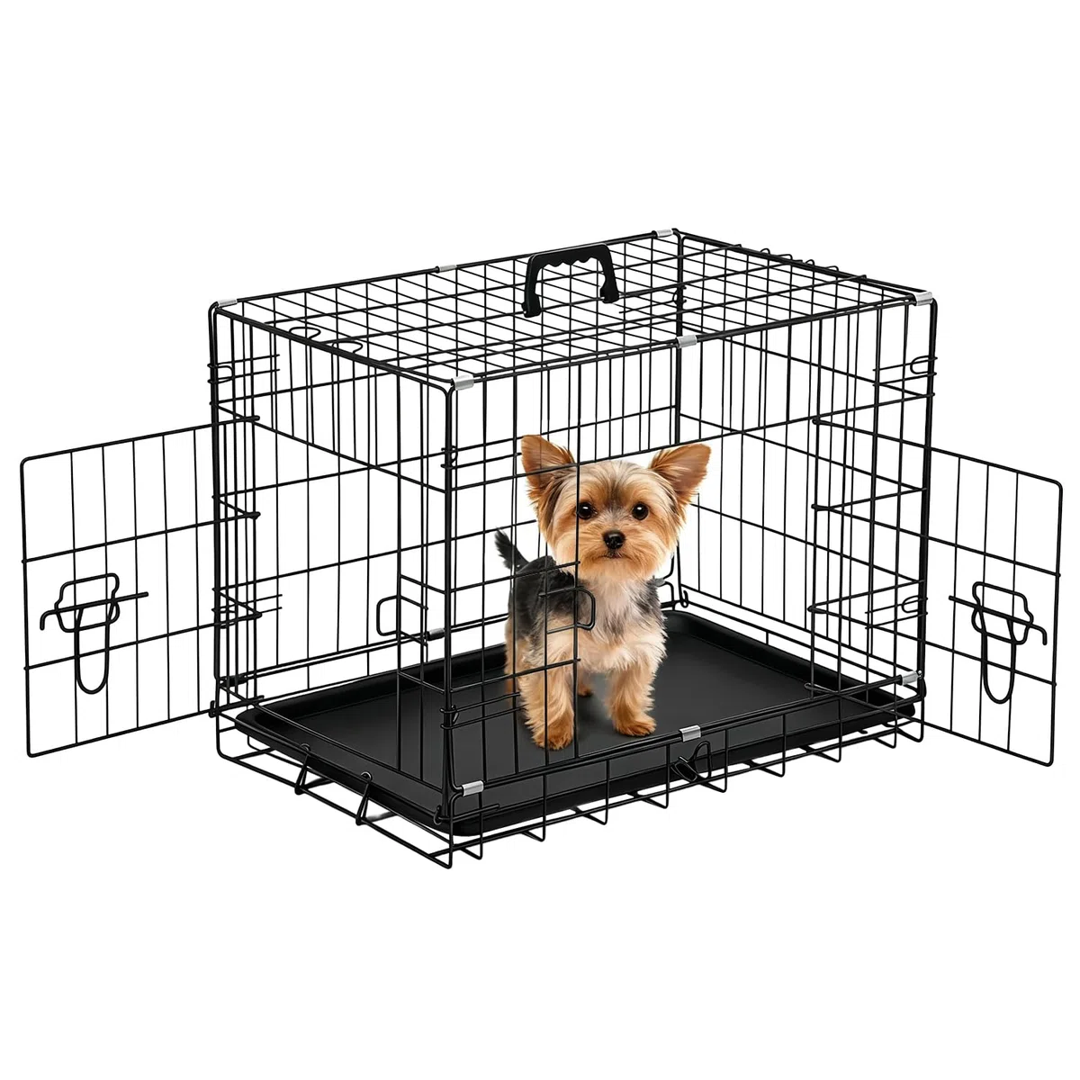 BestOffice Hundekäfig, klappbar, mit 2 Türen, ausziehbar Kunststofftablett und Griff, Hundetransportbox für Reisen, 61x42x48cm, S, Transportbox- Haustiere, Innen und Außenbereich, Schwarz