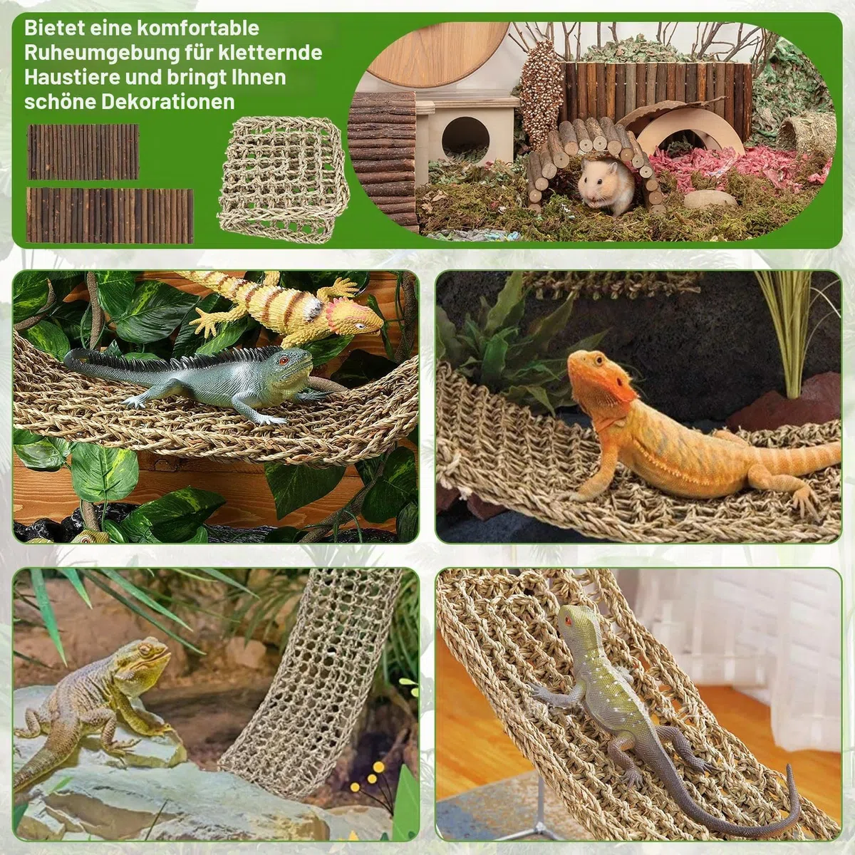QUOZUO Bartagrachen Tankzubehör, Reptilien-Habitat-Hängematte, natürliches Seegras und Naturholz, biegbare Brücke zum Klettern, Einsiedlerkrebse, Eidechse, Mäuse, Spinnen, Schildkröte, Schlange