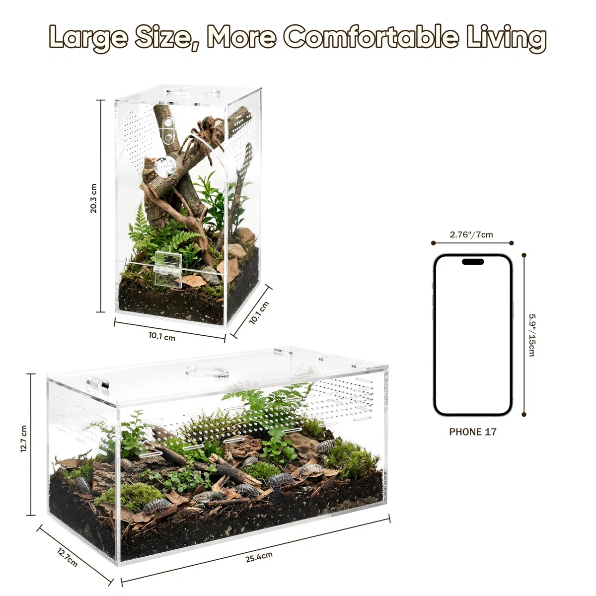 Springspinnen-Acryl-Terrarium, 360° Transparente Futterkasse, Allzweckbehälter für Sprungspinnen, Vogelspinnen, Schnecken und Insekten, ohne Montage, Set 2, L (25.4x12.7x12.7cm)