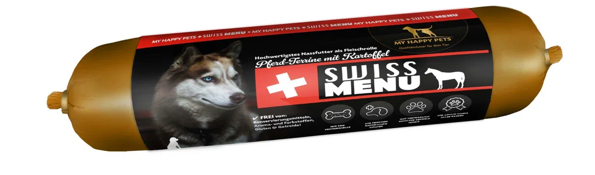 Swiss Menü Pferd-Terrine mit Kartoffel 3 x 400 g Nassfutter für Hunde als Fleischrolle