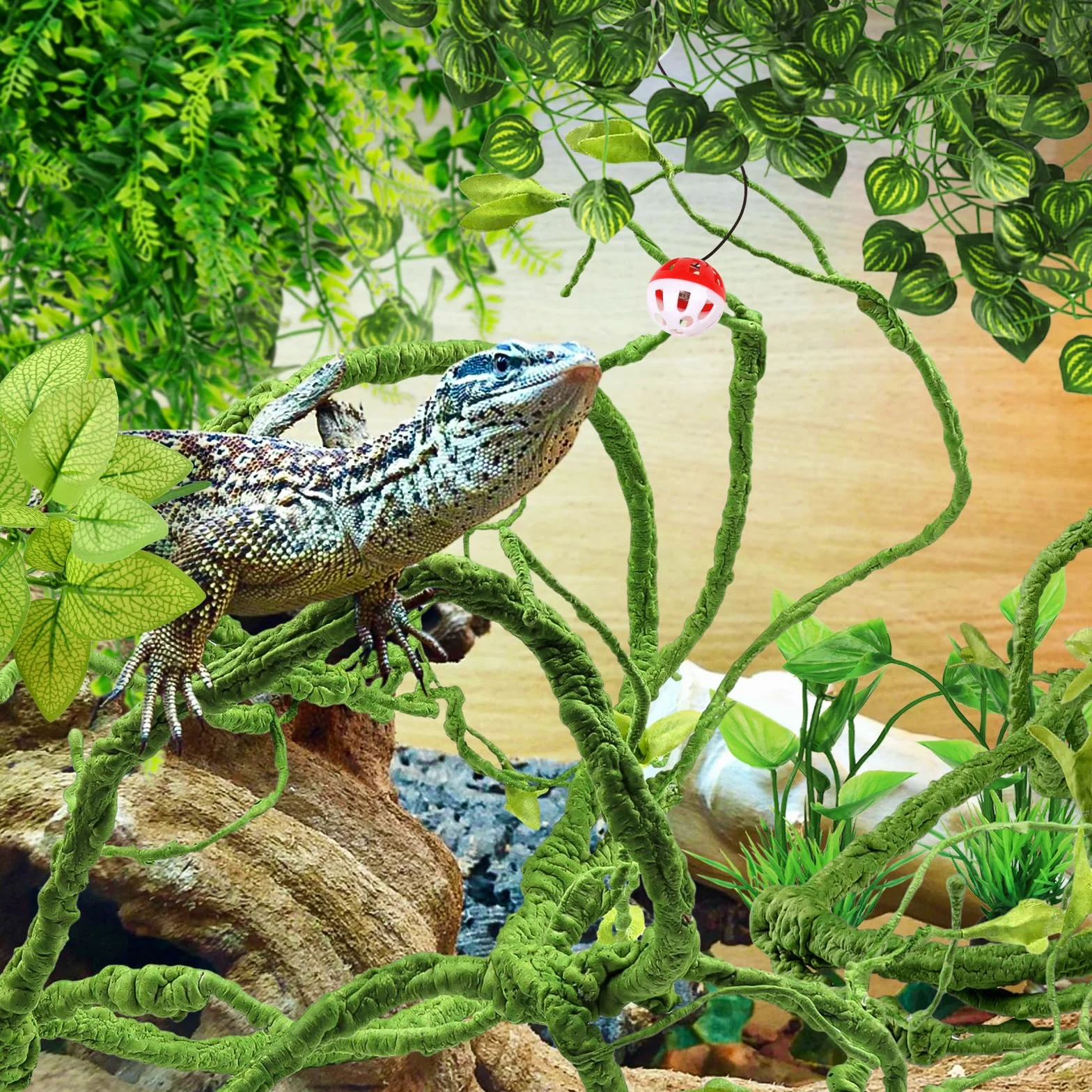 QUOZUO Hängepflanze Terrarium Zubehör, kunstpflanze hängend, Künstliche Pflanzen Reptilien Terrarium Kletterreben Blätter, Chamäleon Terrarium Deko für Eidechsen, Schlangen