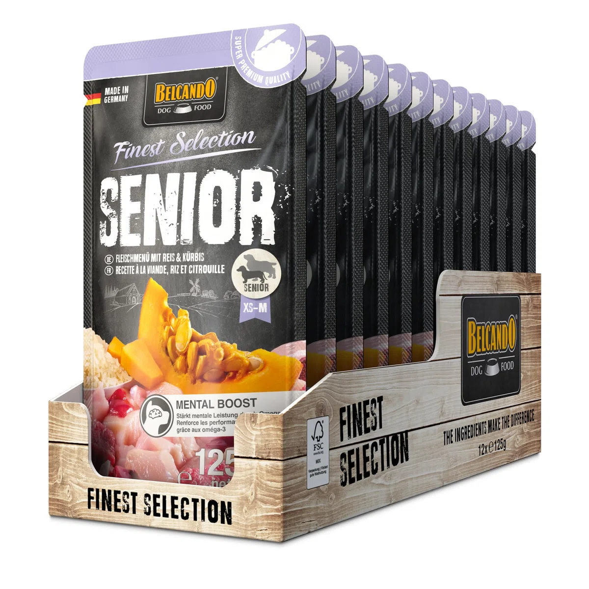 BELCANDO Senior Fleischmenü [12x125g mit Rind & Huhn] | Nassfutter für ältere Hunde | Feuchtfutter Alleinfutter im Einzelportionsbeutel für Senioren ab 7 Jahren