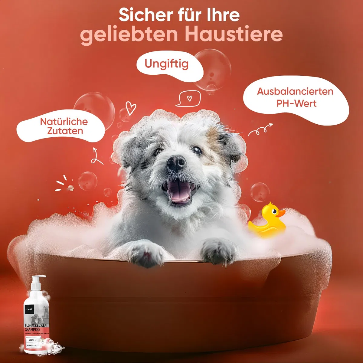 animigo Flohshampoo Hund & Katzen 500ml - Flohmittel mit Teebaumöl - Gegen Zecken, Flöhe & Juckreiz - Alternative zu Flohspray, Zeckenhalsband, Flohkamm - Mit Kokosöl, Mandelöl - Natürliche Zutaten