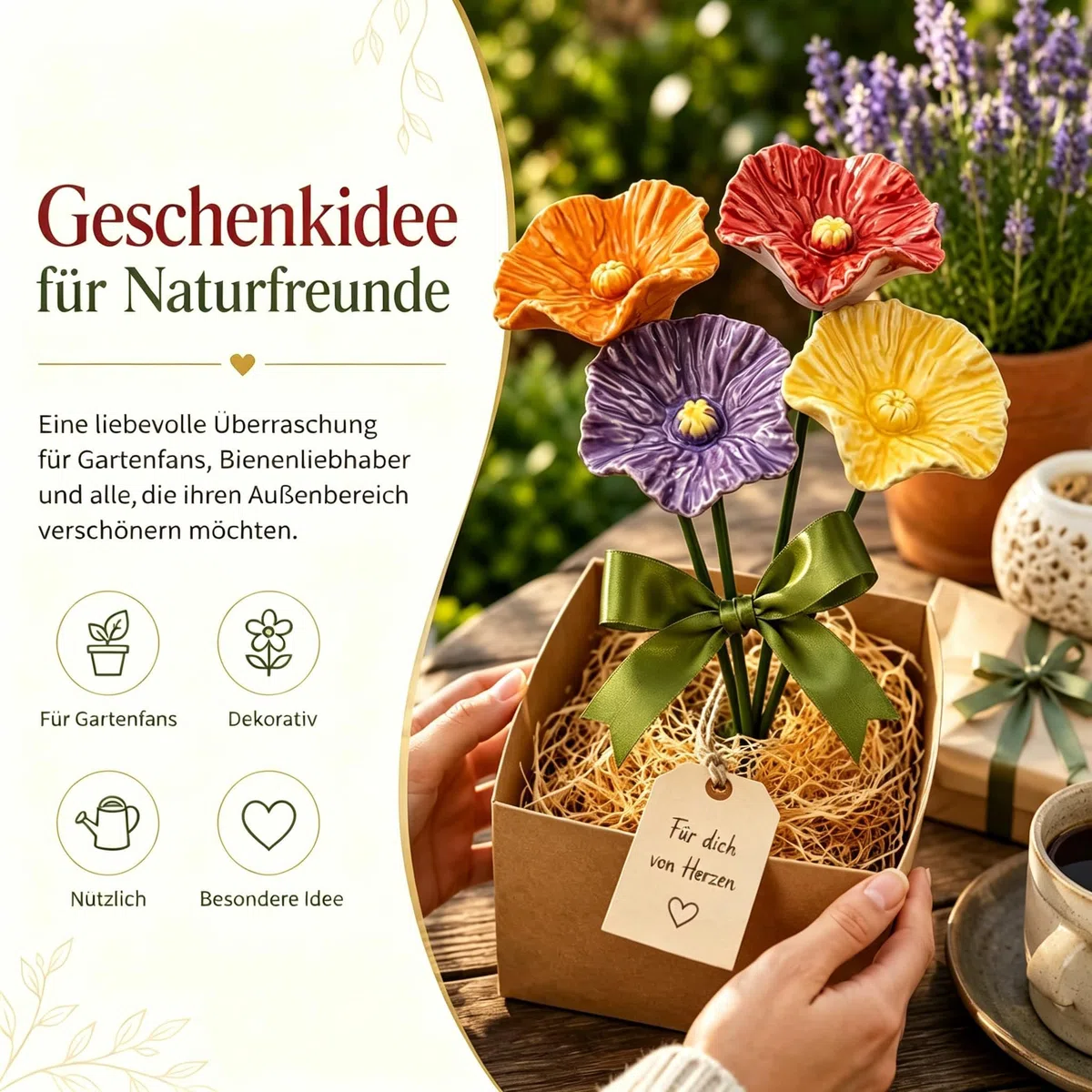 Generisch 6 Stück Keramik Blumen Gartenstecker, Vogel- und Bienentränke, 27 cm, Insektentränke für Garten und Blumentopf, Honig, Spenders, Outdoor, Hof, Terrasse (4Pcs)