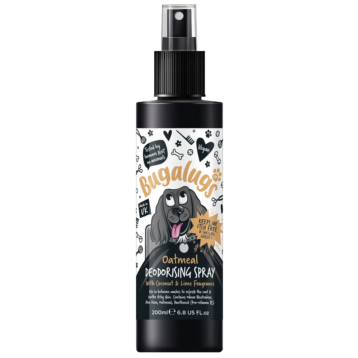 Bugalugs Deodorant für Hunde, 200 ml, Haferflocken und Aloe Vera, neutralisiert Gerüche und beruhigt die Haut, ohne Alkohol und Parabene, ideal für den täglichen Gebrauch oder zwischen Bädern mit