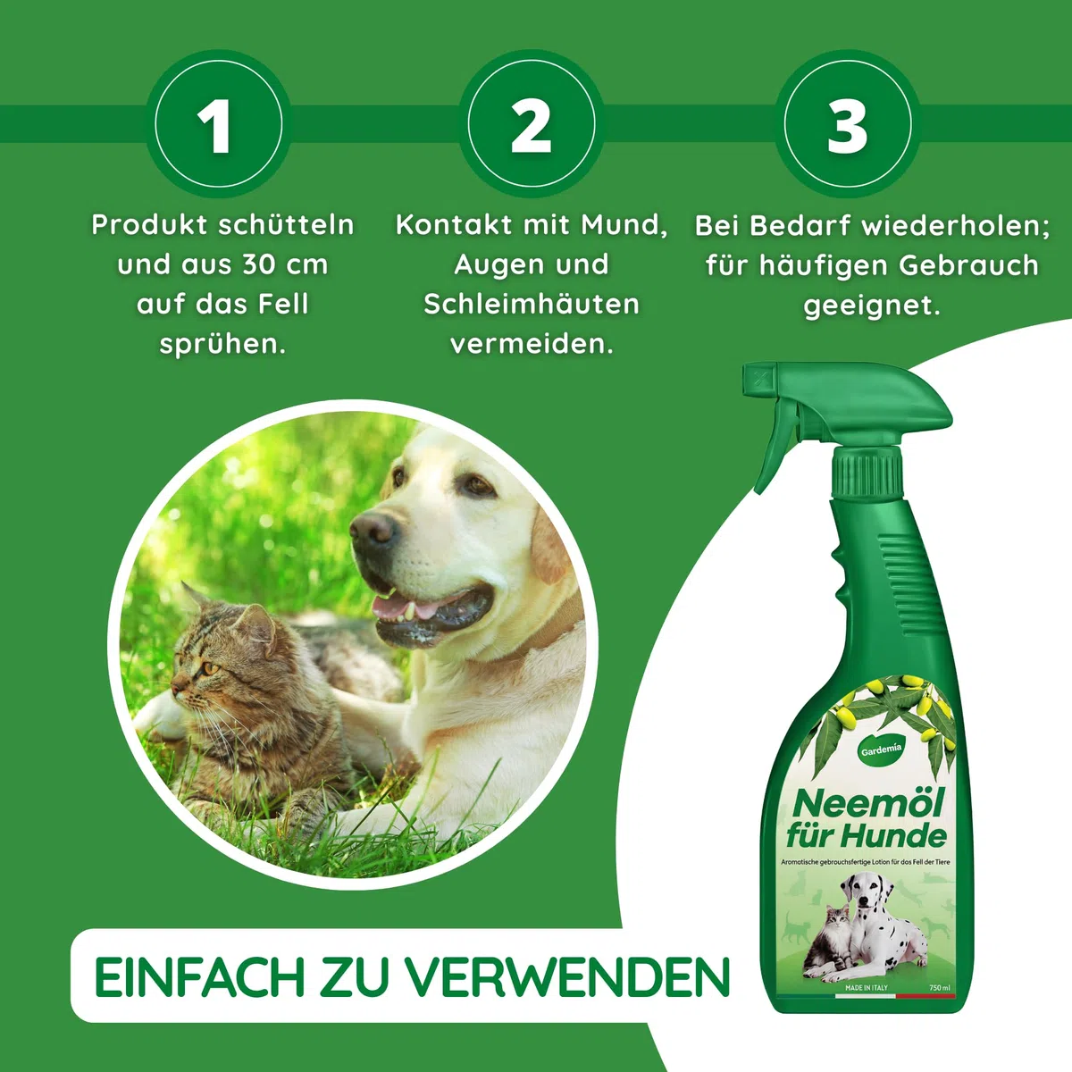 Gardemia Neemöl für Hunde und Katzen Spray 750ml | Natürliche Fellpflege mit den bekannten Eigenschaften des Neemöls | Angenehmer Duft | Spaziergänge, Outdoor & Indoor | Grooming | Für Deutschland