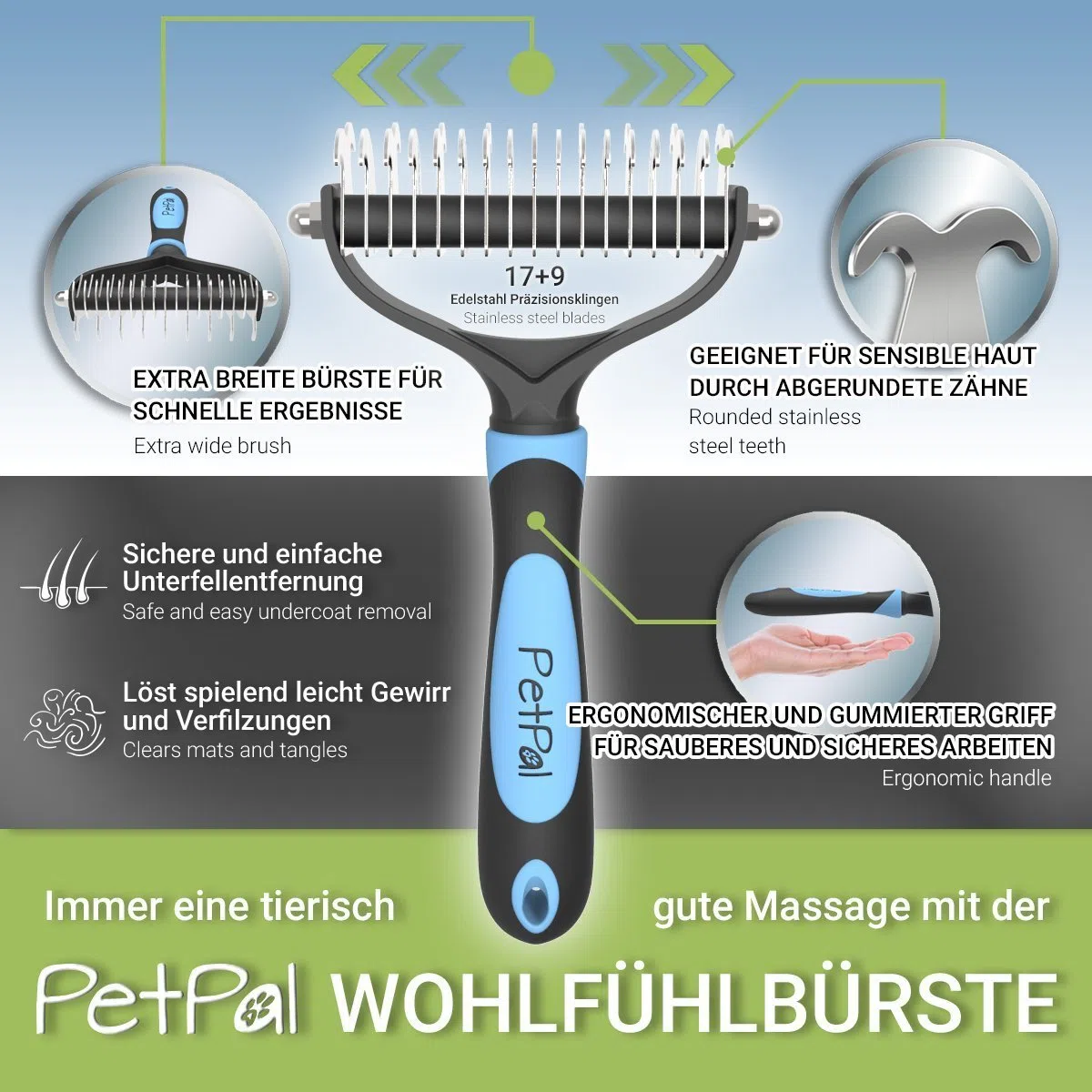 PetPäl Hunde & Katzen Unterwollbürste – Premium Bürste zur Fellpflege - Erleichtert den Fellwechsel – Massagebürste - Entfernt Unterfell & Verfilzungen – Ideal für Haustiere und Pferde
