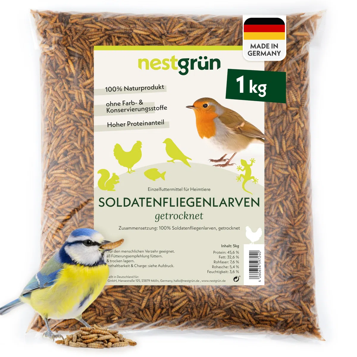 Soldatenfliegenlarven getrocknet 1 kg, Premium Futterinsekten für Ziergeflügel, Vögel, Reptilien, Nager & Fische – proteinreicher Snack, schonend getrocknet, 100% natürlich
