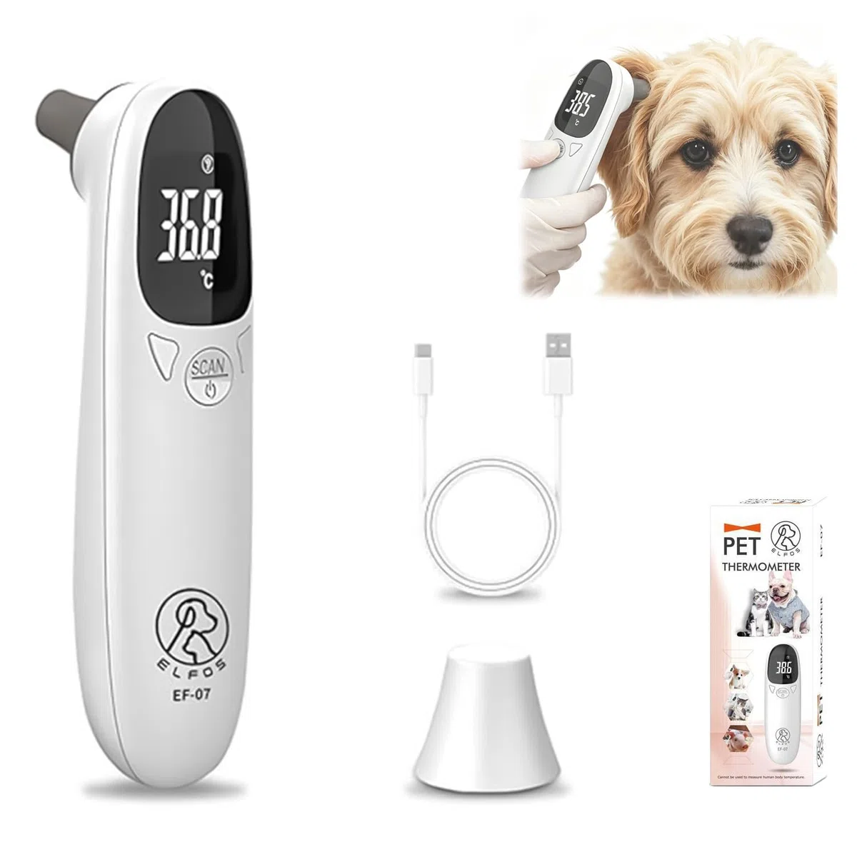 Fieberthermometer Hund mit LED Anzeige, Ohrthermometer Hund Tierthermometer Hundeohr Temperaturmonitor, USB Aufladbar Tragbares Digital Haustier Ohr Thermometer für Hunde und Katzen Ferd Kühe Tiere