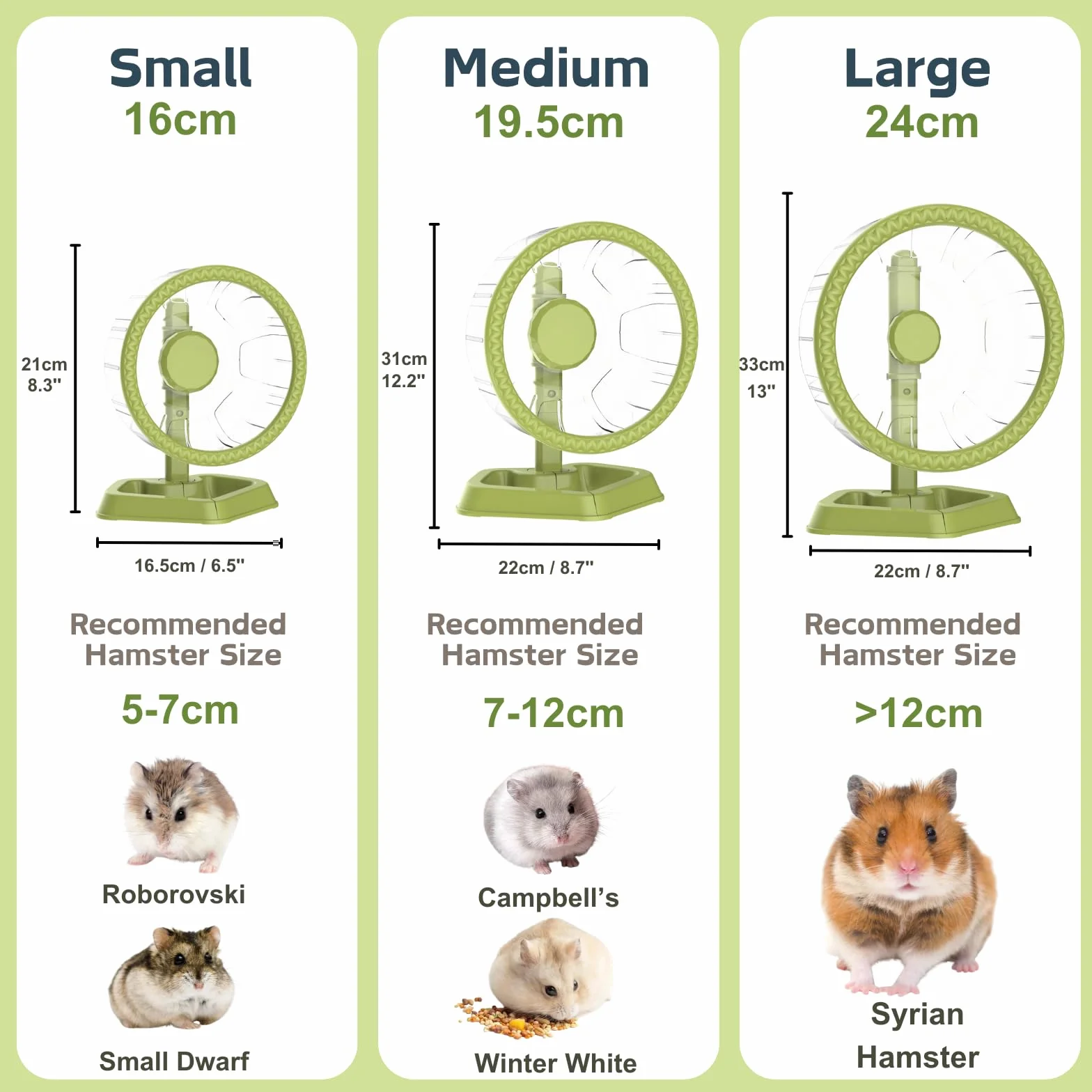 Hamster Laufräder, Leises Spinner Hamster Laufrad mit verstellbarem Gestell für kleine Tiere Syrische, ZwergHamster, Rennmäuse und Mäuse (Grün, Mittler (19.5cm))
