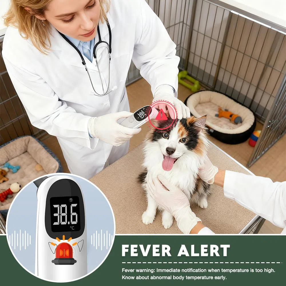 Ohrthermometer Hund, Fieberthermometer Hund mit LED Anzeige, 12,8 * 3,9 cm Tragbares Fieberthermometer Ohr, Fiebererkennung für Katzen, Hunde, Kühe, Ferd(Weiß)