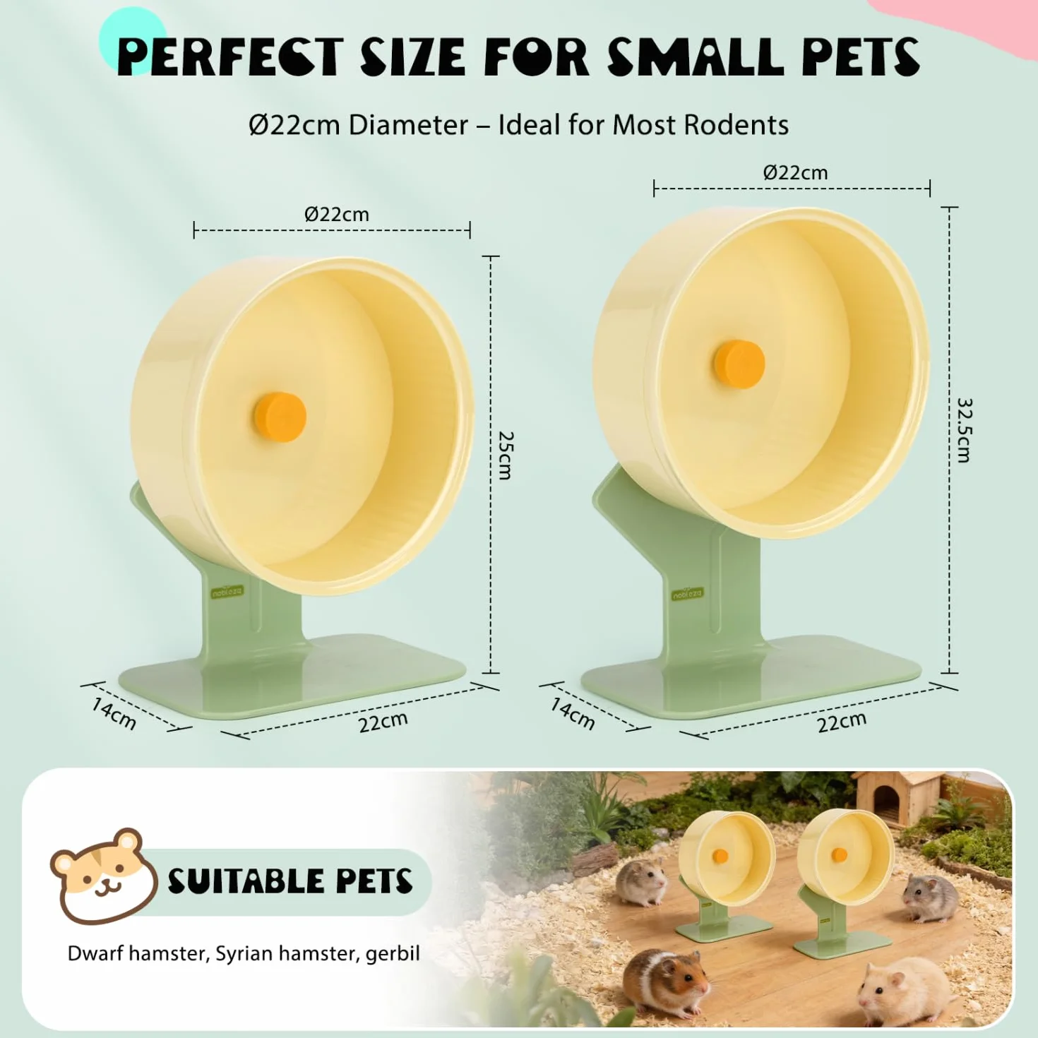 Nobleza Hamsterrad 22cm Leise, Laufrad Hamster Höhenverstellbar für Zwerghamster Goldhamster Rennmäuse, Geräuschloses Nagerspielzeug & Hamsterzubehör mit Stabiler Basis & Nahtloser Laufbahn, Grün/Gelb