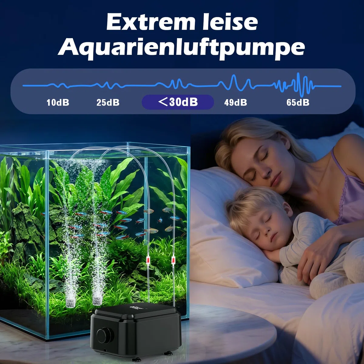 hygger Leiser Aquarienluftpumpe <30dB, Einstellbare geräuscharme Sauerstoffpumpe für Aquarien mit 2 Luftauslässen, Extrem Leistungsstarker leiser Belüftungspumpe mit Zubehör