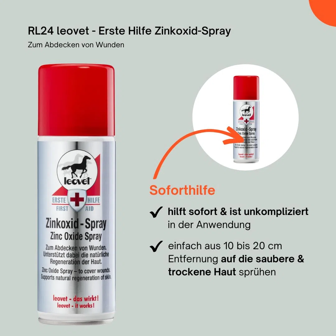 RL24 leovet - Erste Hilfe Zinkoxid-Spray | Pferde-Zinkspray zum Abdecken von Wunden | Zinksalbe zum Sprühen | Schutzfilm vor Schweiß & Urin | pflegt beanspruchte Hautpartien | 1 x Wundspray 200 ml