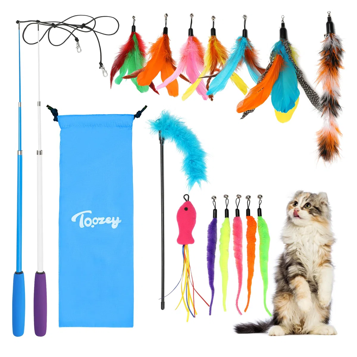 Toozey Katzenspielzeug 16 Stück, Katzen Spielzeug mit 2 STK versenkbare interaktive Katzenangel und 14 STK Feder/Bug/Fisch Ersatz mit Glocken, Bonus Aufbewahrungstasche