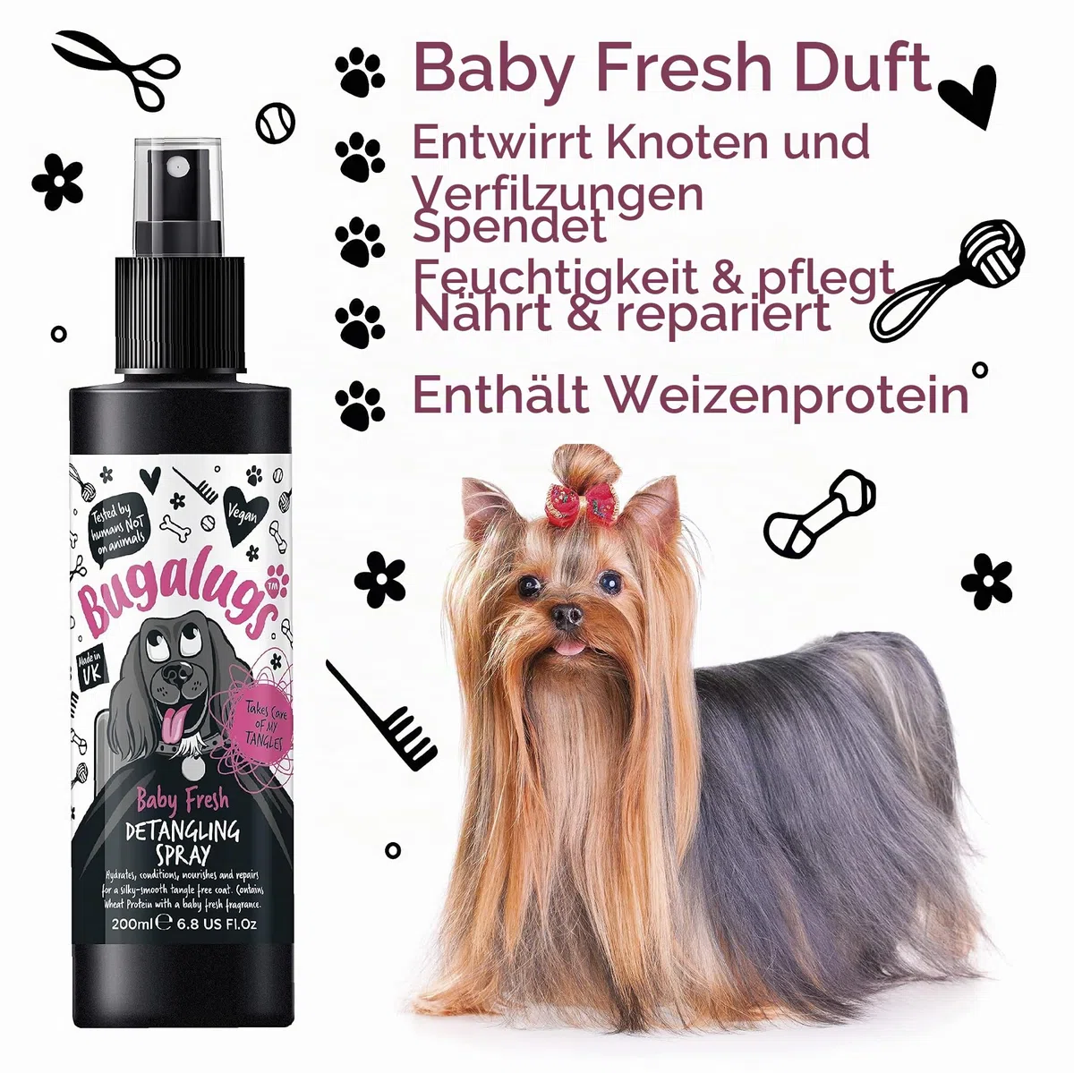Bugalugs - Entwirrungsspray für Hunde – 200 ml – Aroma Baby Fresh – erleichtert das Bürsten und Macht das Fell weich, ohne Ausspülen, Alkohol und Parabene, ideal für den täglichen Gebrauch oder nach