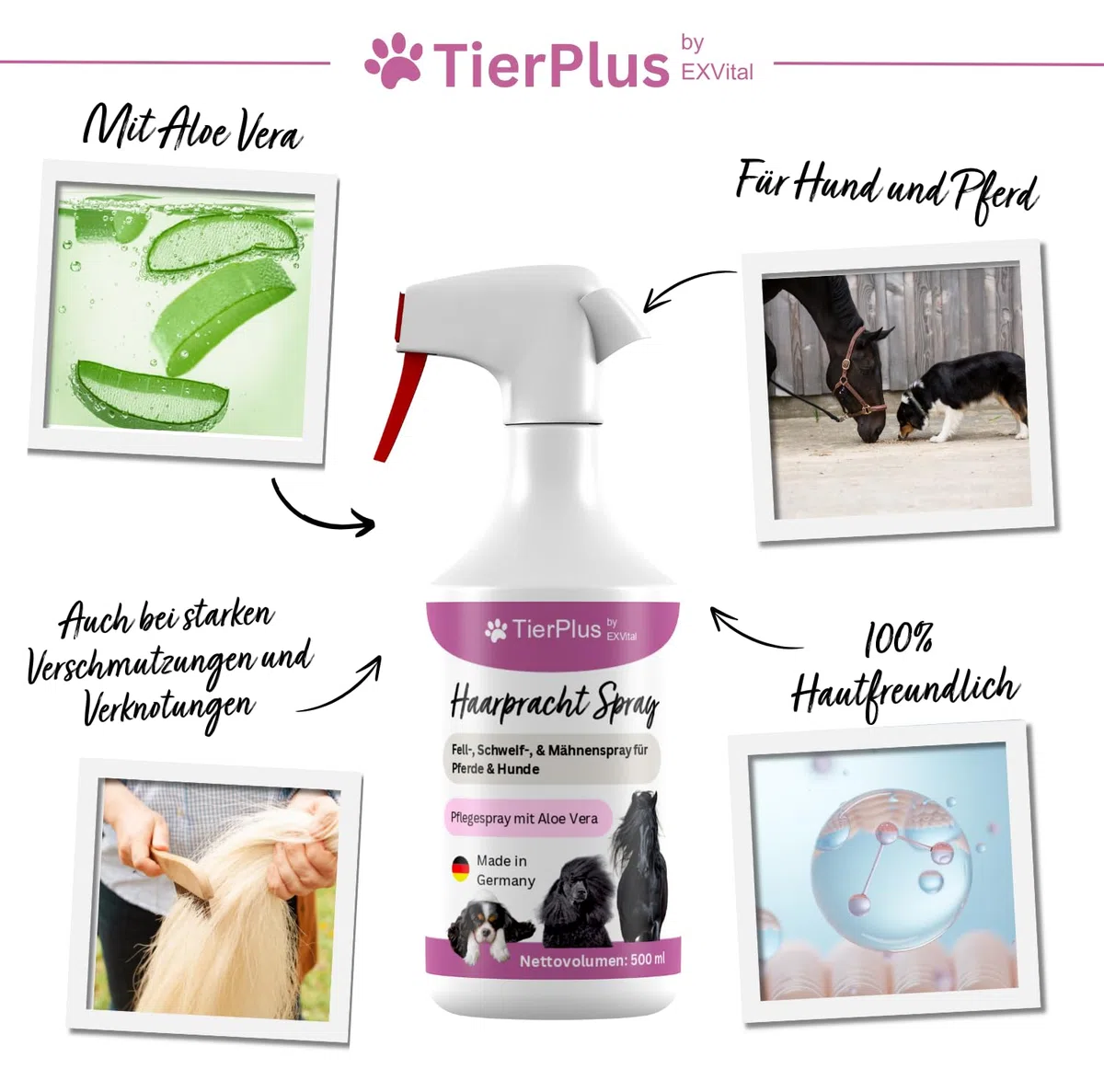 Haarpracht Spray für Pferde & Hunde, 500 ml Sprühflasche, Fell-, Schweif-, & Mähnenspray, Pflegespray für seidigen Glanz, leichte Kämmbarkeit & Entwirrung, natürlich hautschonende Pflege