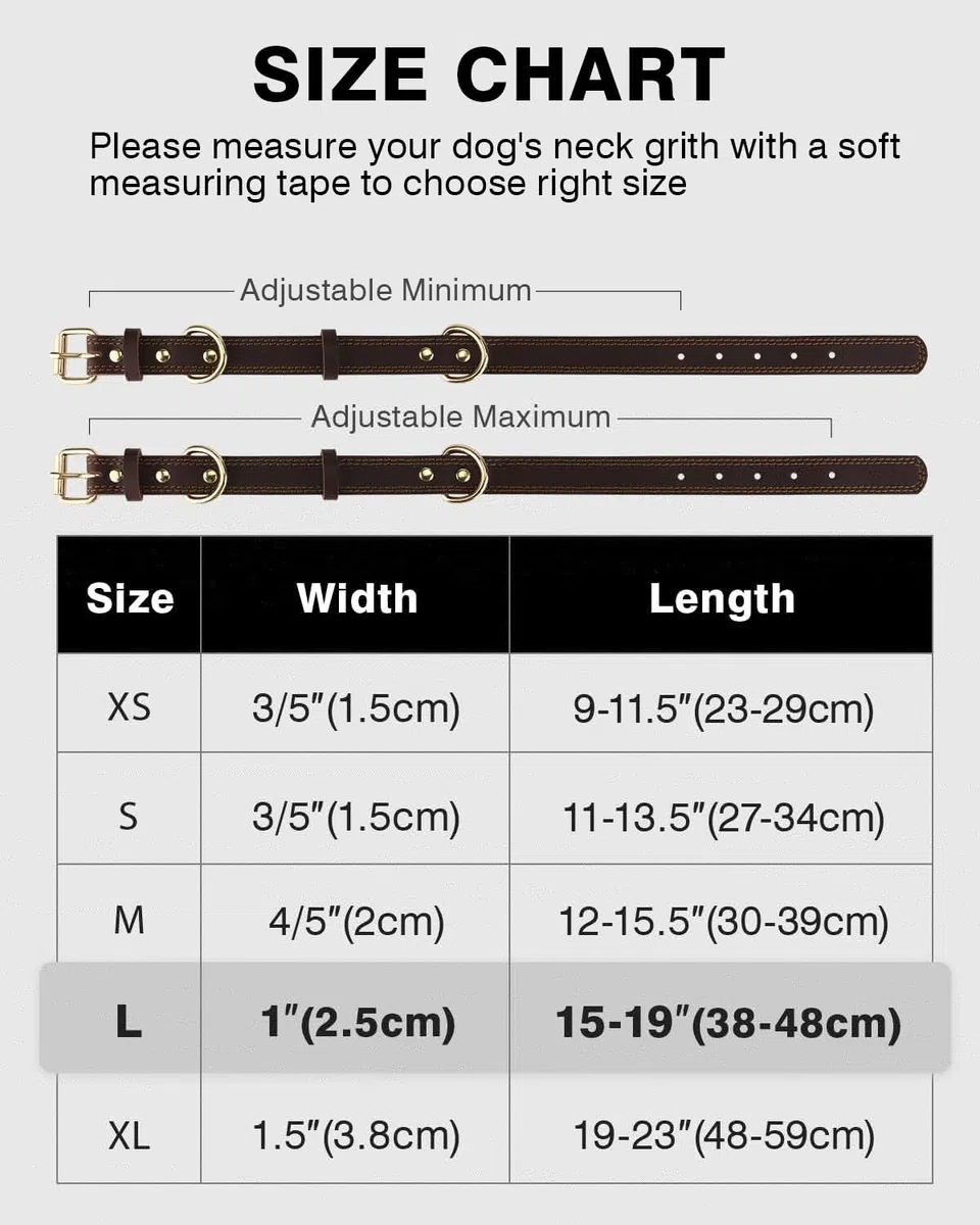 Joytale Hundehalsband Leder, Halsband aus Leder für Große Hunde, Weiches Echtleder Hundehalsband Langlebig und Verstellbar, Braun, L