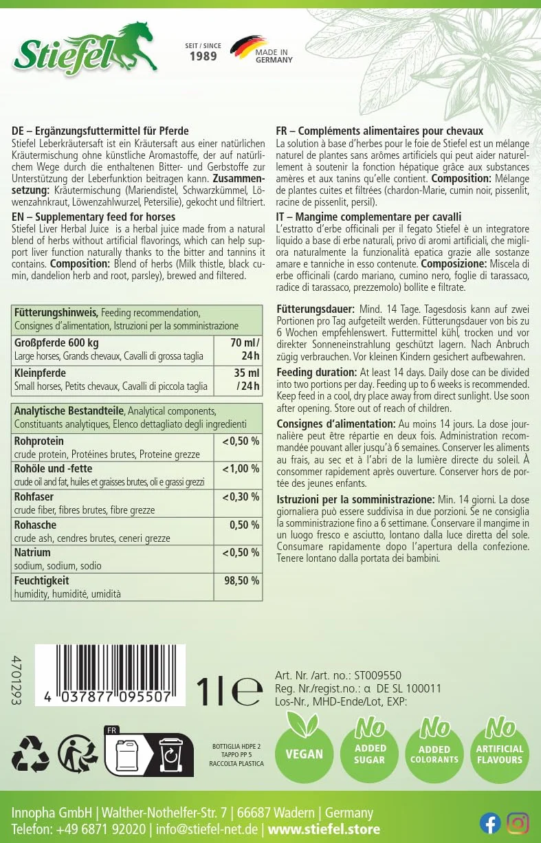 Stiefel Leberkräutersaft für Pferde, aus Einer 100% naturbelassenen Kräutermischung, kann zur Unterstützung der Leberfunktion beitragen, mit Bitter- & Gerbstoffen, flüssig mit Dosierflasche, 1l