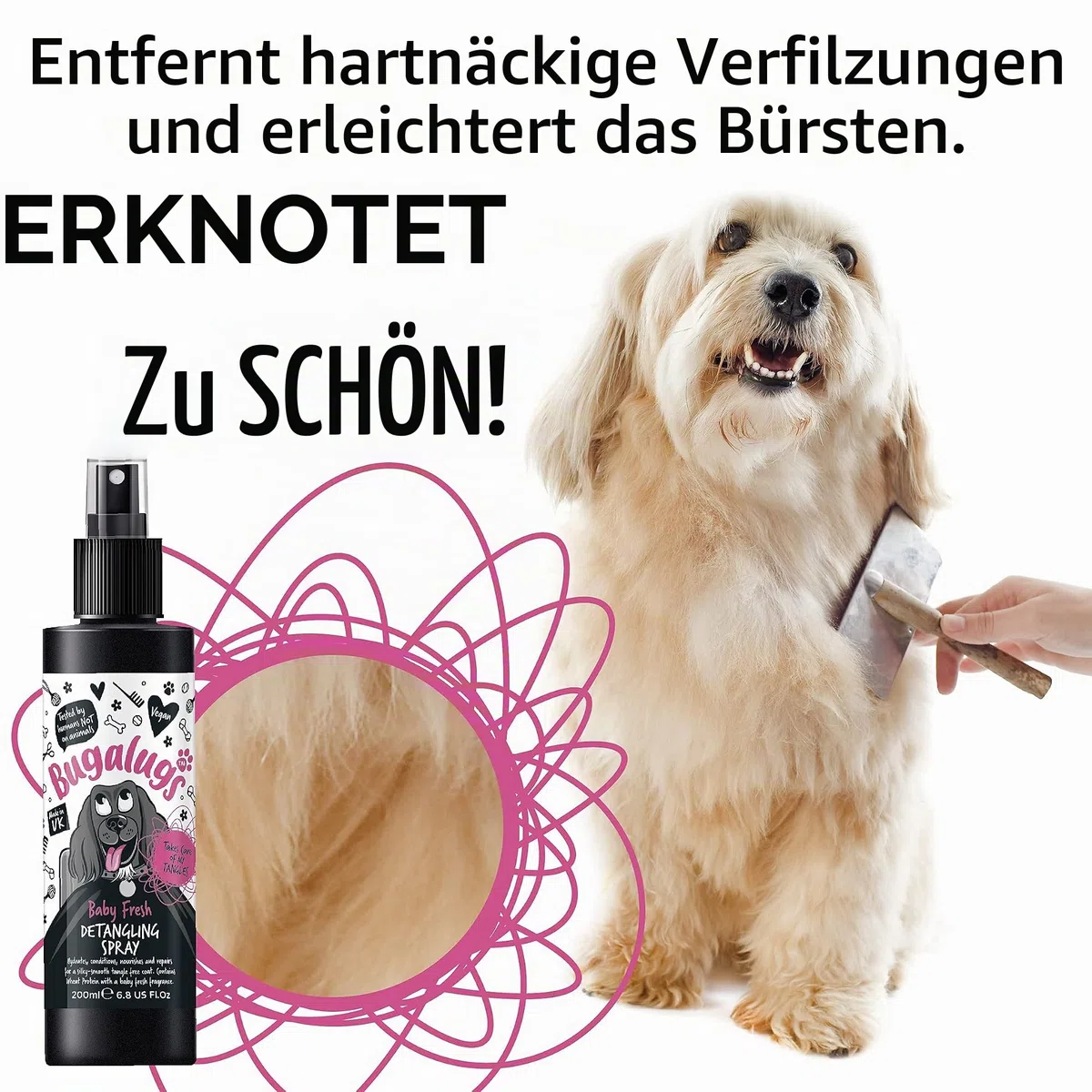 Bugalugs - Entwirrungsspray für Hunde – 200 ml – Aroma Baby Fresh – erleichtert das Bürsten und Macht das Fell weich, ohne Ausspülen, Alkohol und Parabene, ideal für den täglichen Gebrauch oder nach