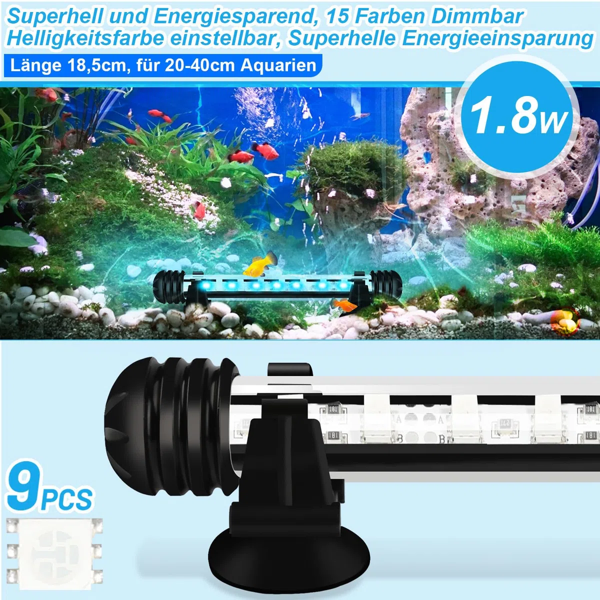 Aquarium LED Beleuchtung, 1,8W Aquarium-Licht RGB, IP67 Wasserdicht, Aquarium-Lichtleiste mit automatischem Timer-Schalter, Geeignet für Süßwasseraquarien unterschiedlicher Größe