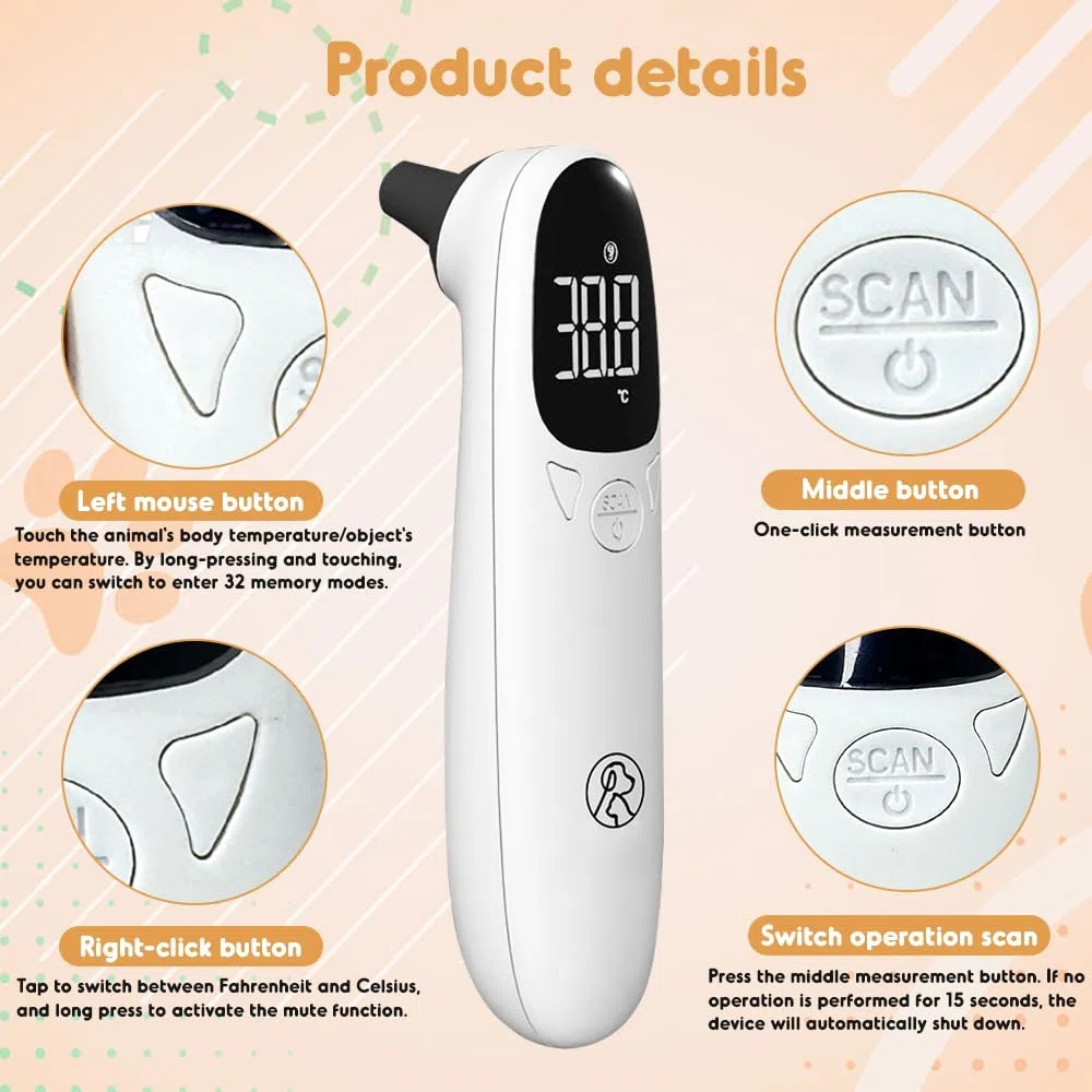 Ohrthermometer Hund, Fieberthermometer Hund Katze mit LED Anzeige, 12,8 * 3,9 cm Tragbares Ohrthermometer für Hunde, Katzen, Kühe, Ferd und Tiere, Schnelle Und Genaue