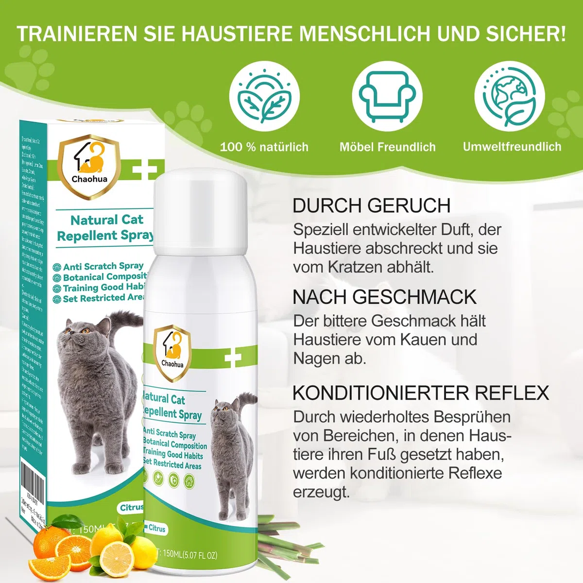 Katzenabwehrspray, 150ml Fernhaltespray Katzen für Innen und Außen, Anti Katzen Spray, Katzenschreck Spray für Pflanzen, Sofas, Böden, Möbel, Schützt Ihr Zuhause